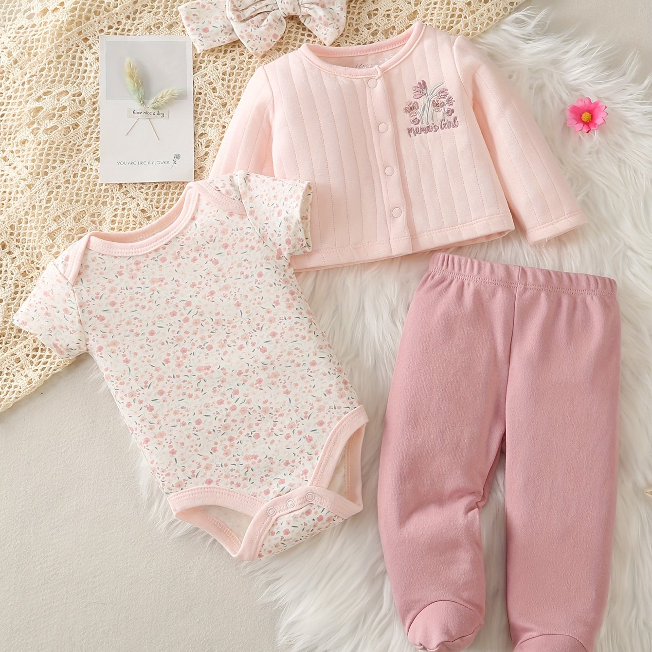 Image of Four-piece Set Autumn And Winter Girl Cartoon Pink Flower Long-sleeved Hair Rope Set, For Outdoor