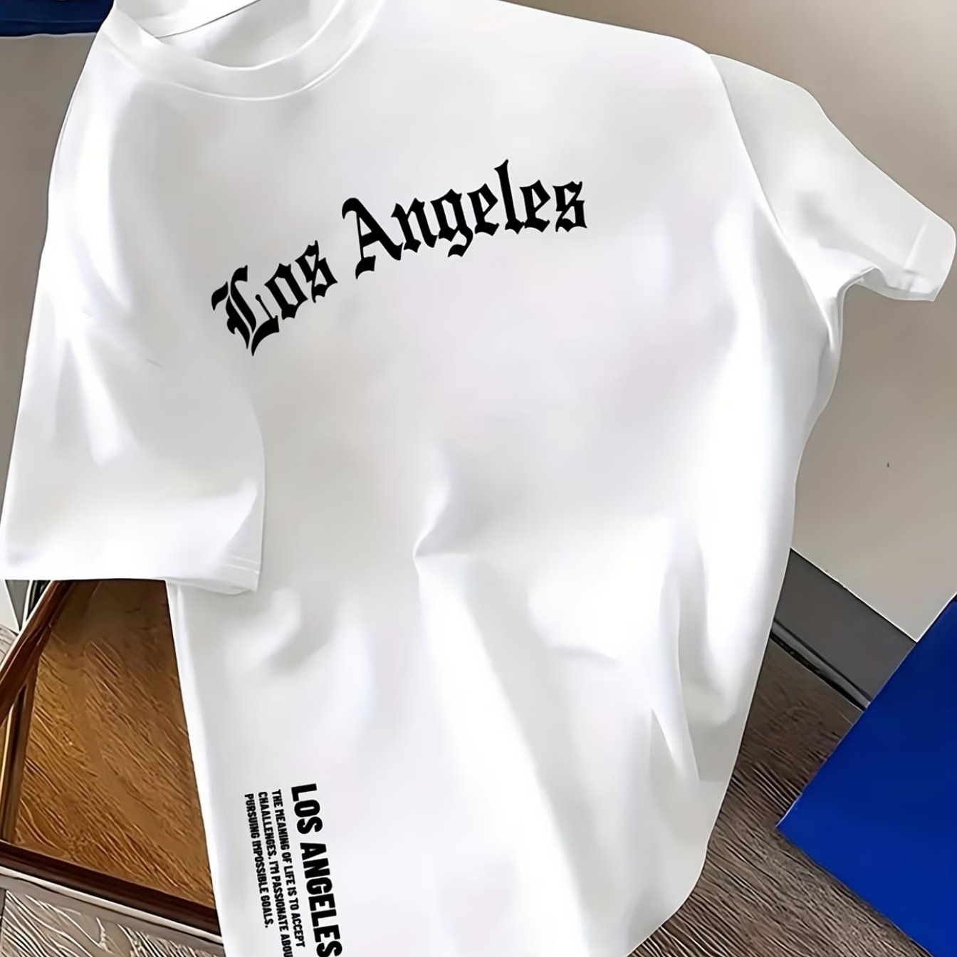 TEMU Youth Men's Los Angeles Pattern T-shirt - Black With White Lettering, 100% Breathable Short Sleeve Crew Neck Casual Top, Suitable For Outdoor