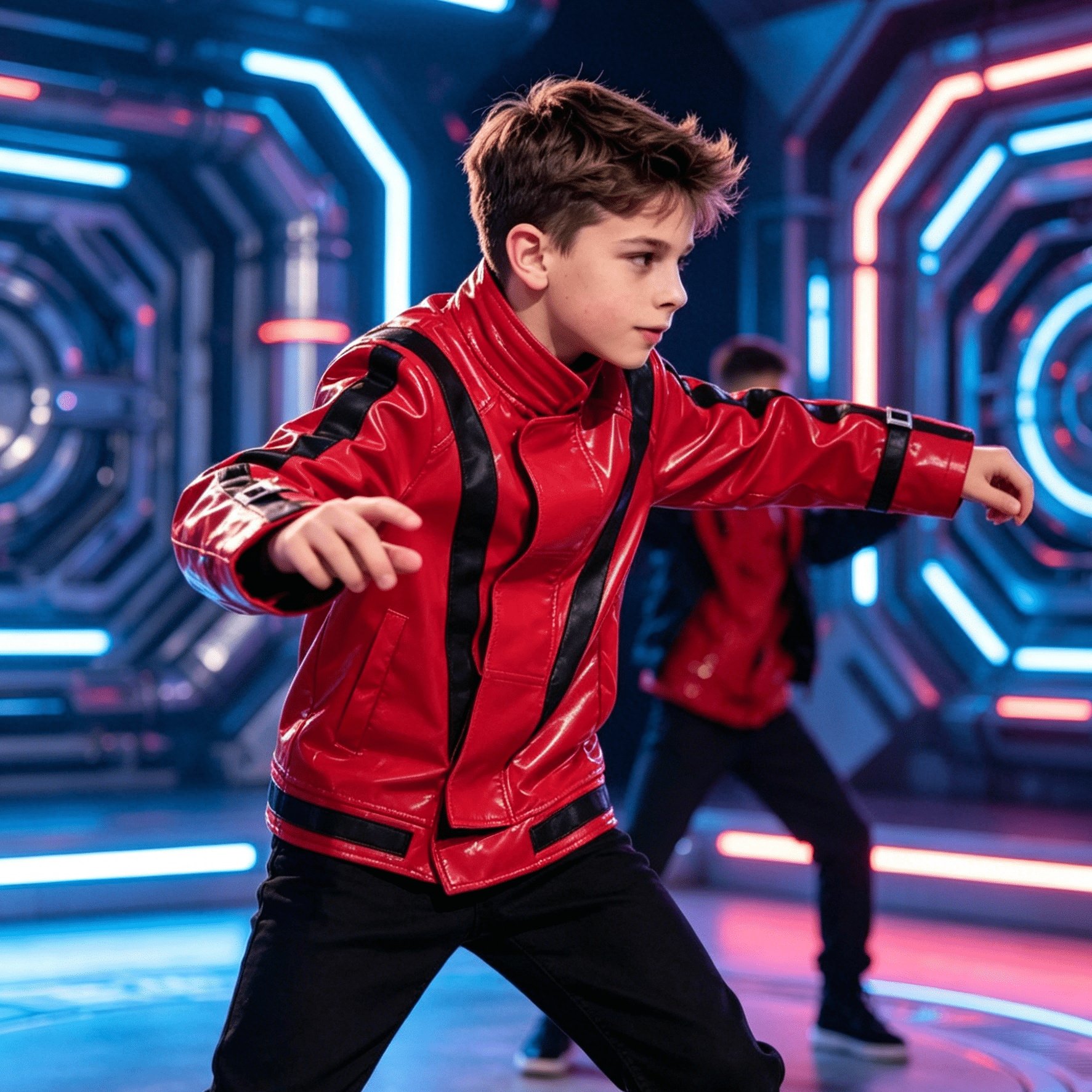 Image of Boys' Red Topshiny Red And Black Color Matching. Classic Biker Stand Collar, Double-breasted And Side Stripes. Cuffs With Adjustable Buckles. Great For Halloween, Carnivals And Holiday Performances.