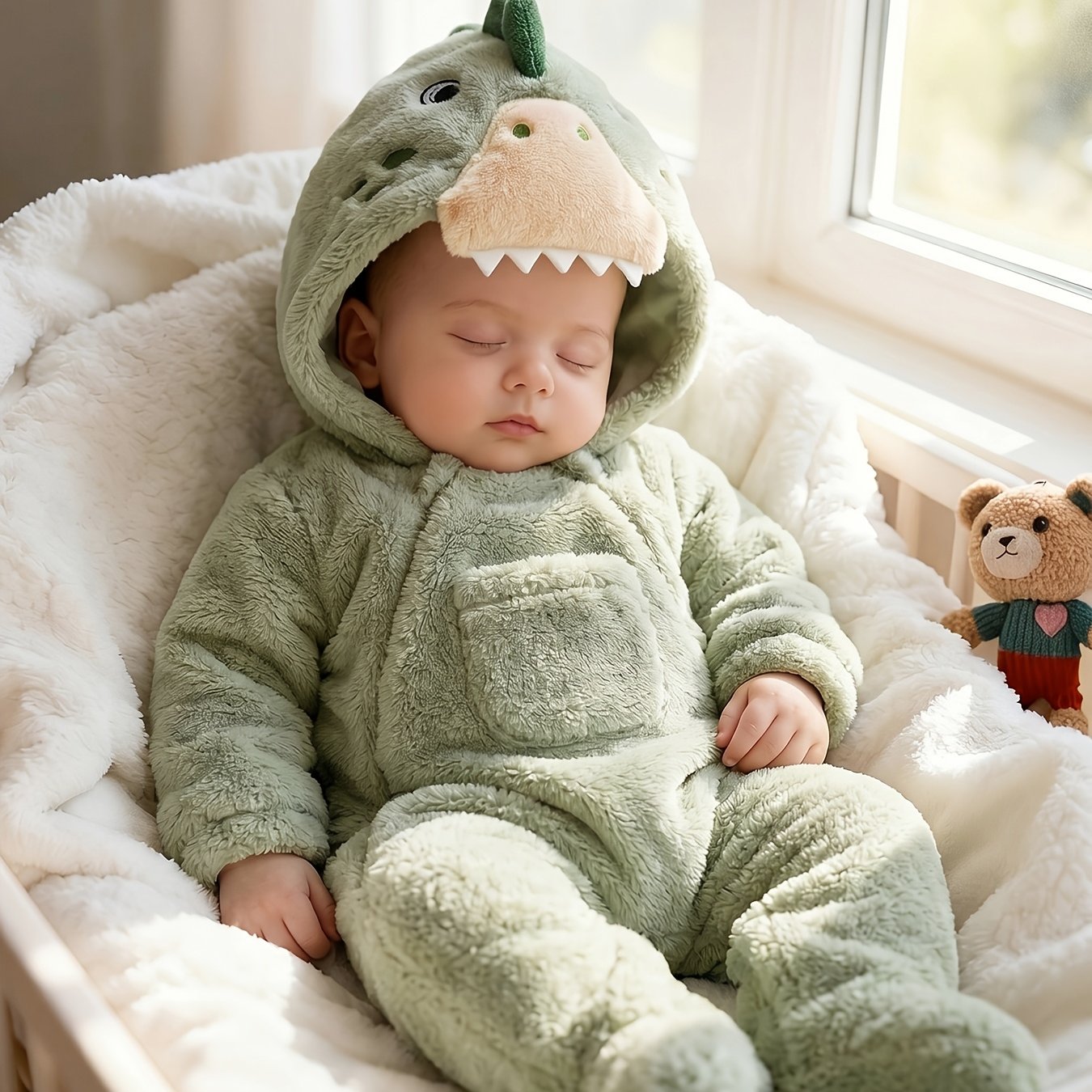 Image of Dinosaur Onesie Jumpsuit With Hood & Plush Footed - -one Green Dino Outfit, Machine Washable Winter Warm Clothing, Cute Dino Hoodie For Photoshoots & Casual Attire, Perfect For Outdoor