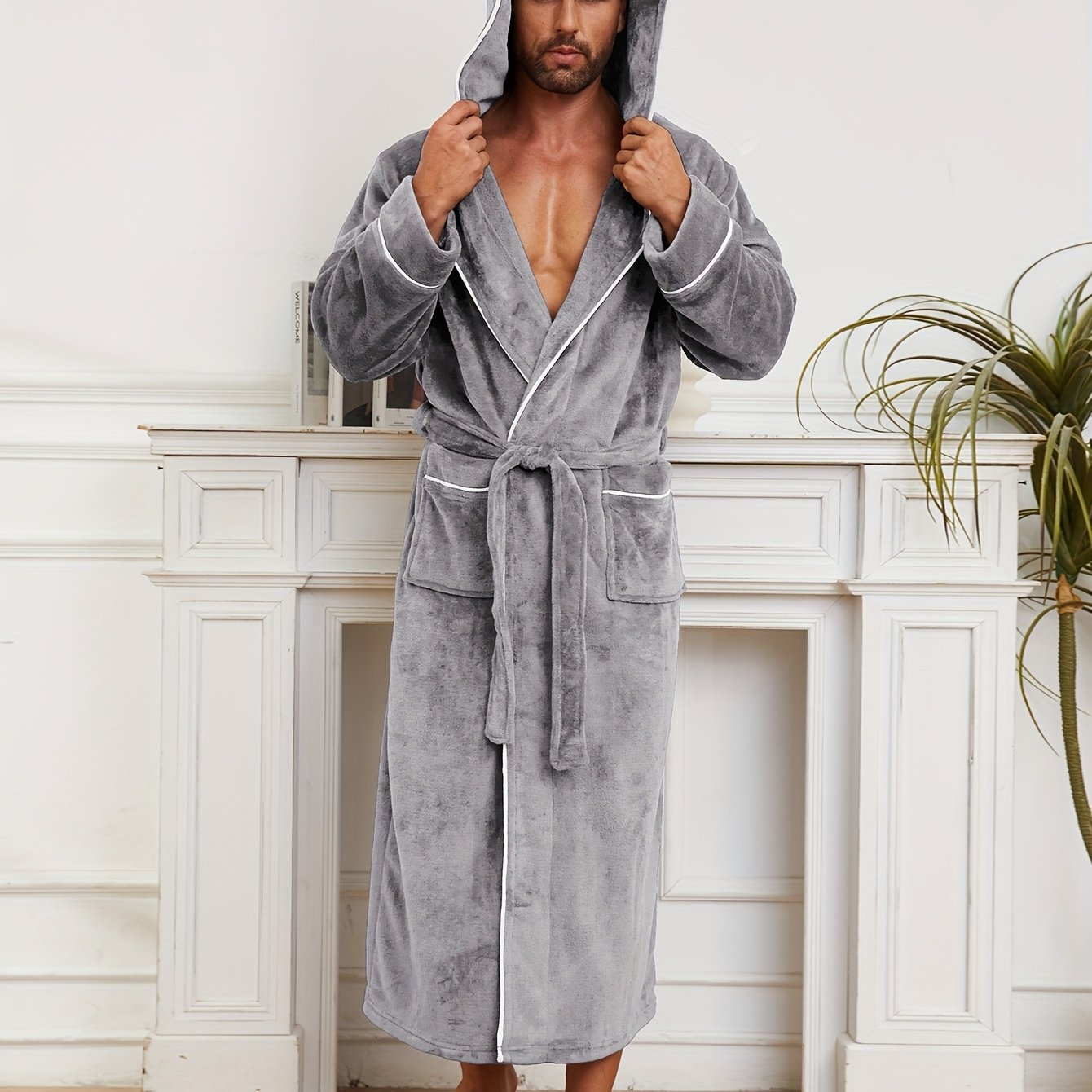 Image of Luxurious Gray Double-layer Hooded Bathrobe For Couples - Cozy, Thick Flannel With Pockets, Long Sleeves, Machine Washable - Ideal For Fall & Winter