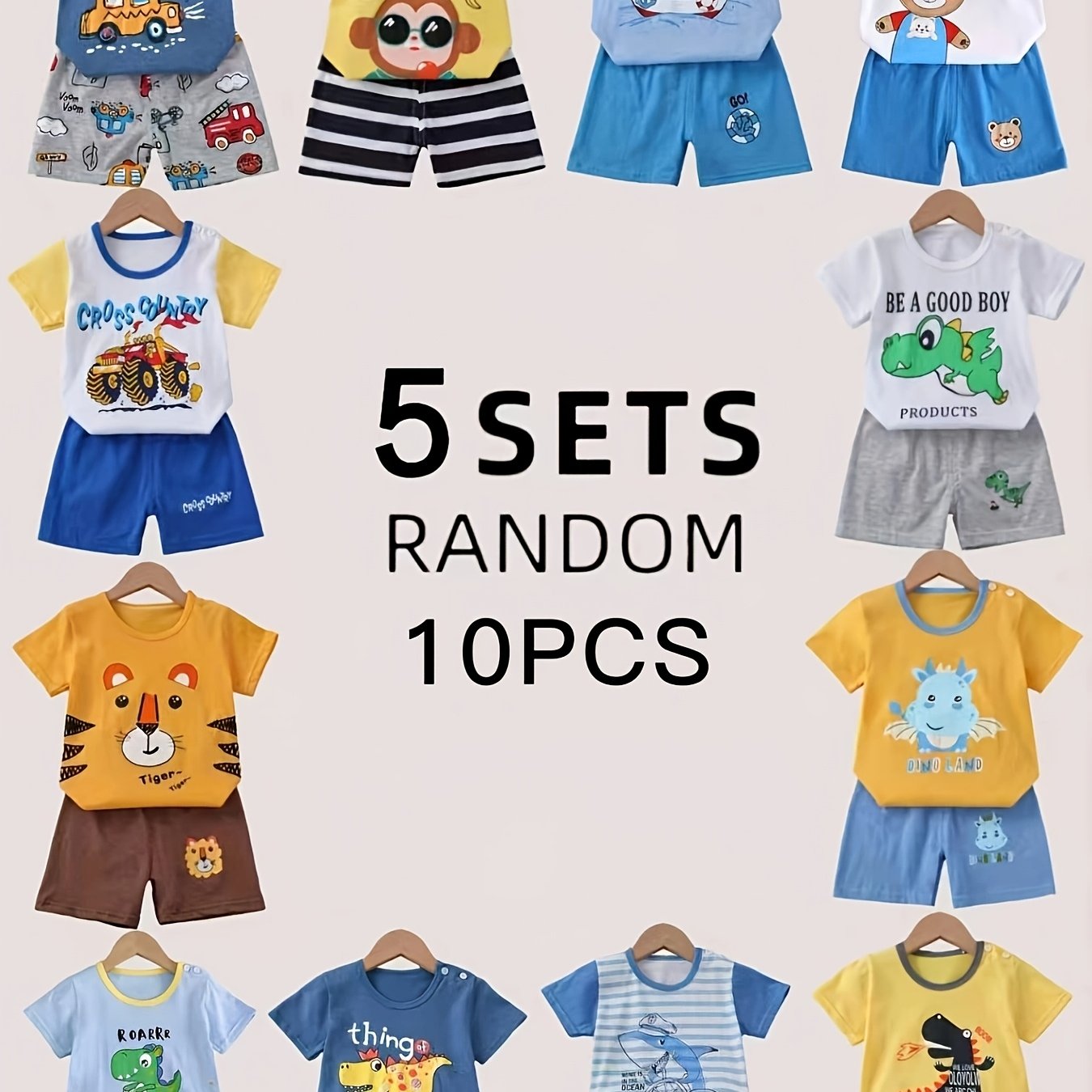 Image of Random 5 Sets Of 10pcs/5pcs Short-sleeved And 5pcs Shorts Pure Colorful Printed Short-sleeved Suits, Short-sleeved And Shorts, Soft, Comfortable, Light And Casual Summer Suits, For Outdoor