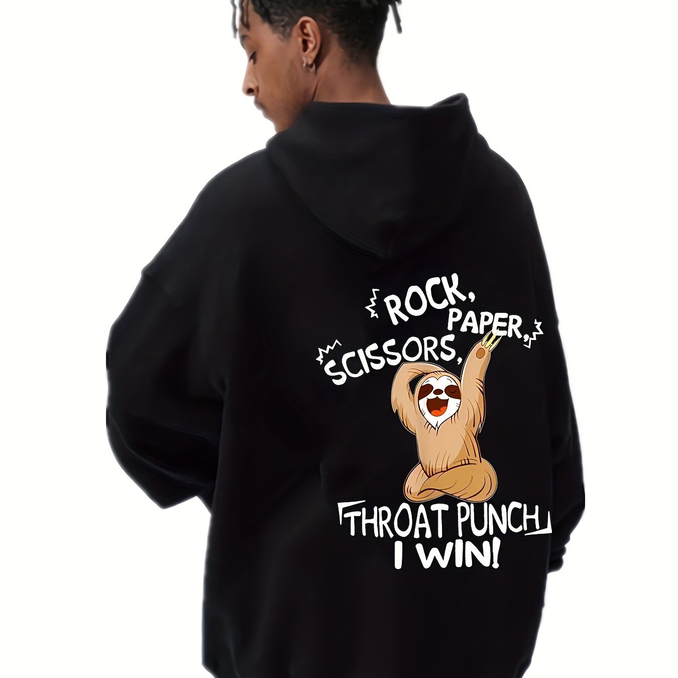 TEMU 2026 Plus Size Fashionable Casual Hooded Sweat For Men And Women Men's Funny Rock Paper Scissors Throat Punch ! Back Print With Sloth Graphic
