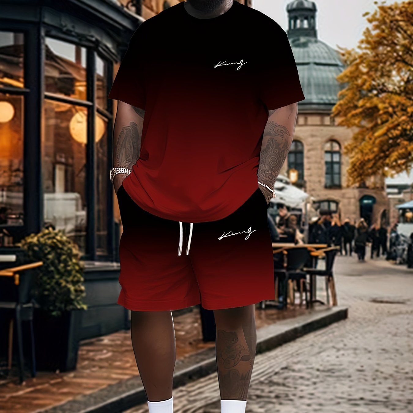 TEMU Men's Plus Size "king" Print Fashion T-shirt And Shorts Set, Suitable For Family Casual And Party Wear, Large Size Plus Size