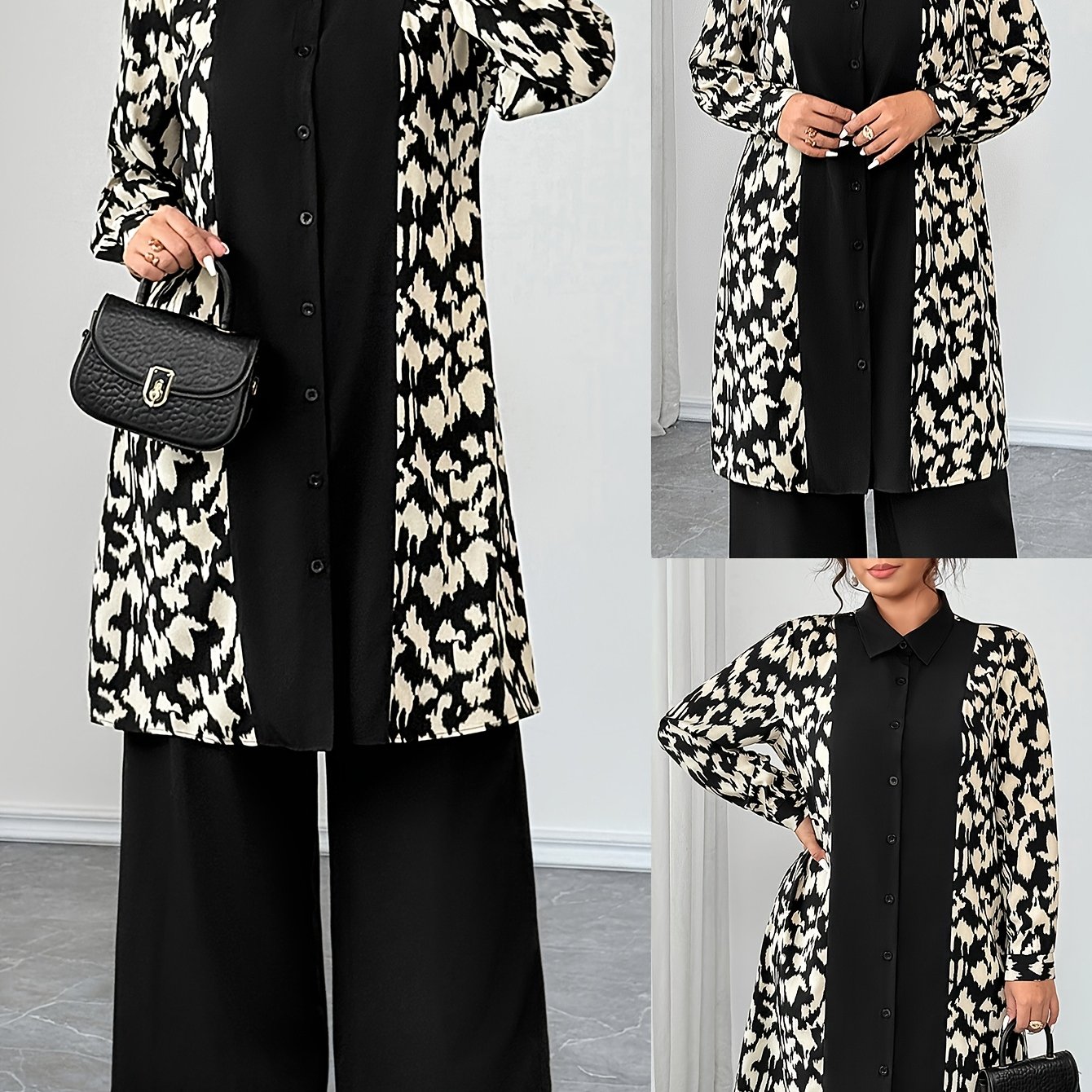 E-shop Damen-Set in Übergröße: Ein eleganter, langärmeliger Cardigan mit Reverskragen aus Patchwork-Druckstoff, ein symmetrisches, knielanges Hemd in