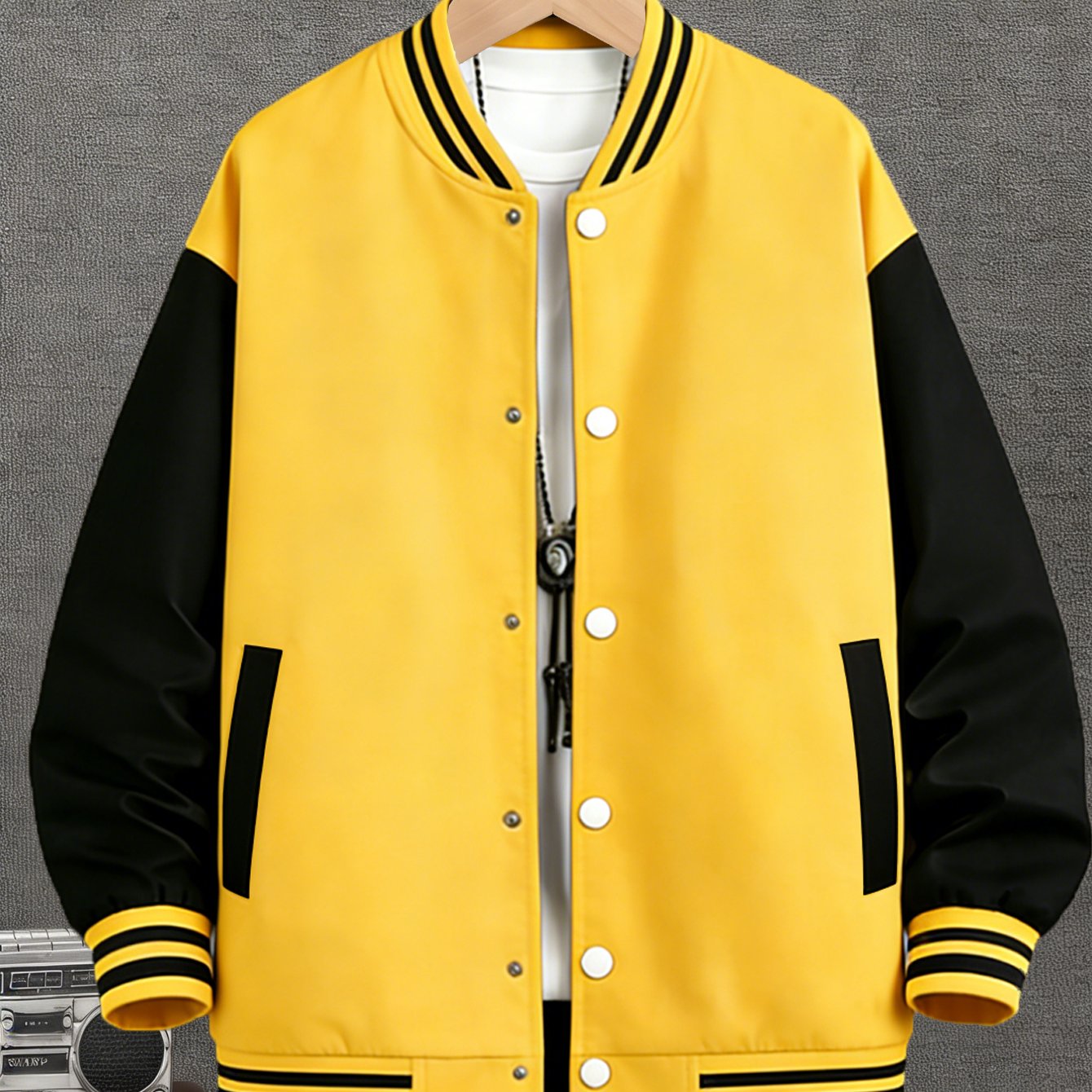 TEMU Baseball Jacket Suitable For - Button- Collar Loose Fit Jacket With Sleeve Contrast, Stand Collar & Button Closure, Machine Washable Sportswear