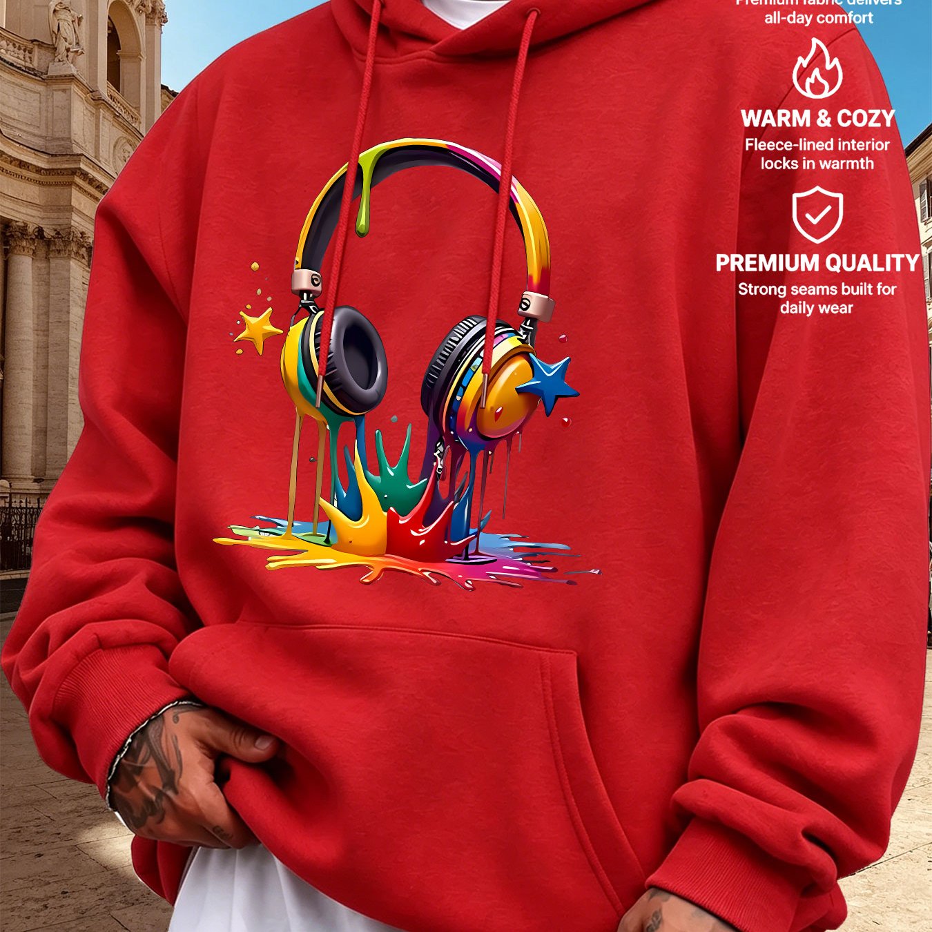 TEMU Men's Style Hooded Sweatshirt Multicolor Splatter Earphone Print Western Trendy Style Men's Casual Sweatshirt