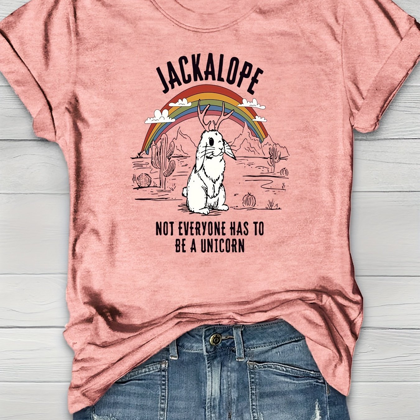 TEMU Rabbit Print T-shirt, Short Sleeve Crew Neck Casual Top For Summer & Spring, Women's Clothing