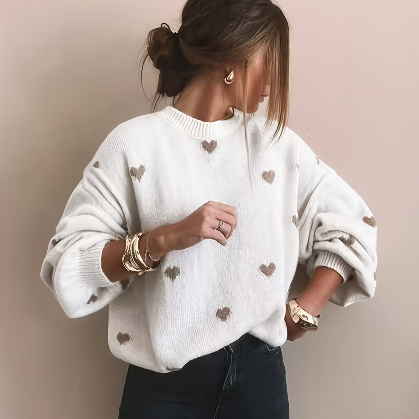 Autumn Heart Round Neck Pullover Long Sleeve Sweater Women's Sweater