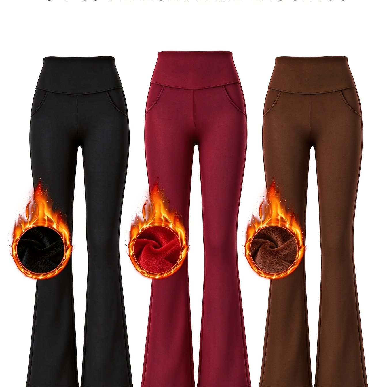 Image of High-waist Flared Yoga Pants With Tummy Control, Warm Fleece Lining, Side Pockets, Three-piece Set For Commuting And Casual Winter Wear