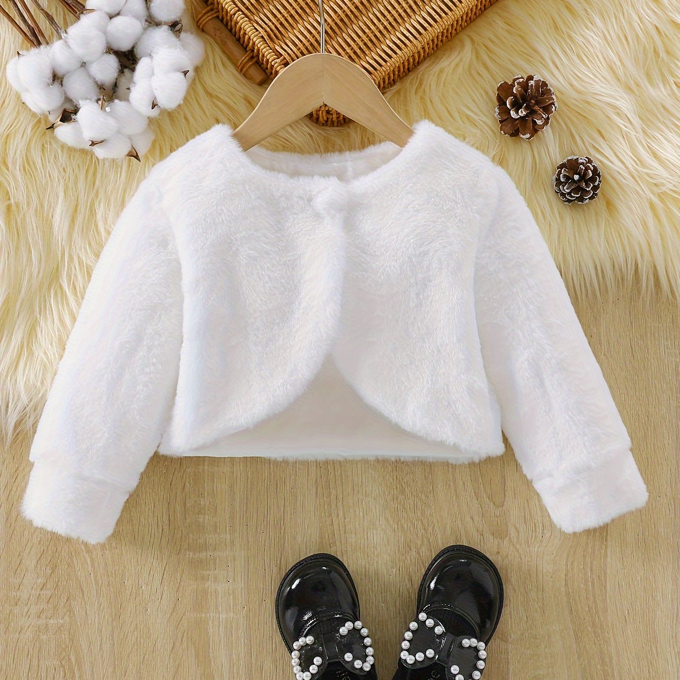 Image of Girls' Fashion Short Sleeve Solid Color Faux Fur Cardigan Cape Winter Warm Open Front Coat Casual Trendy Easy Cardigan Jacket Targeted Development