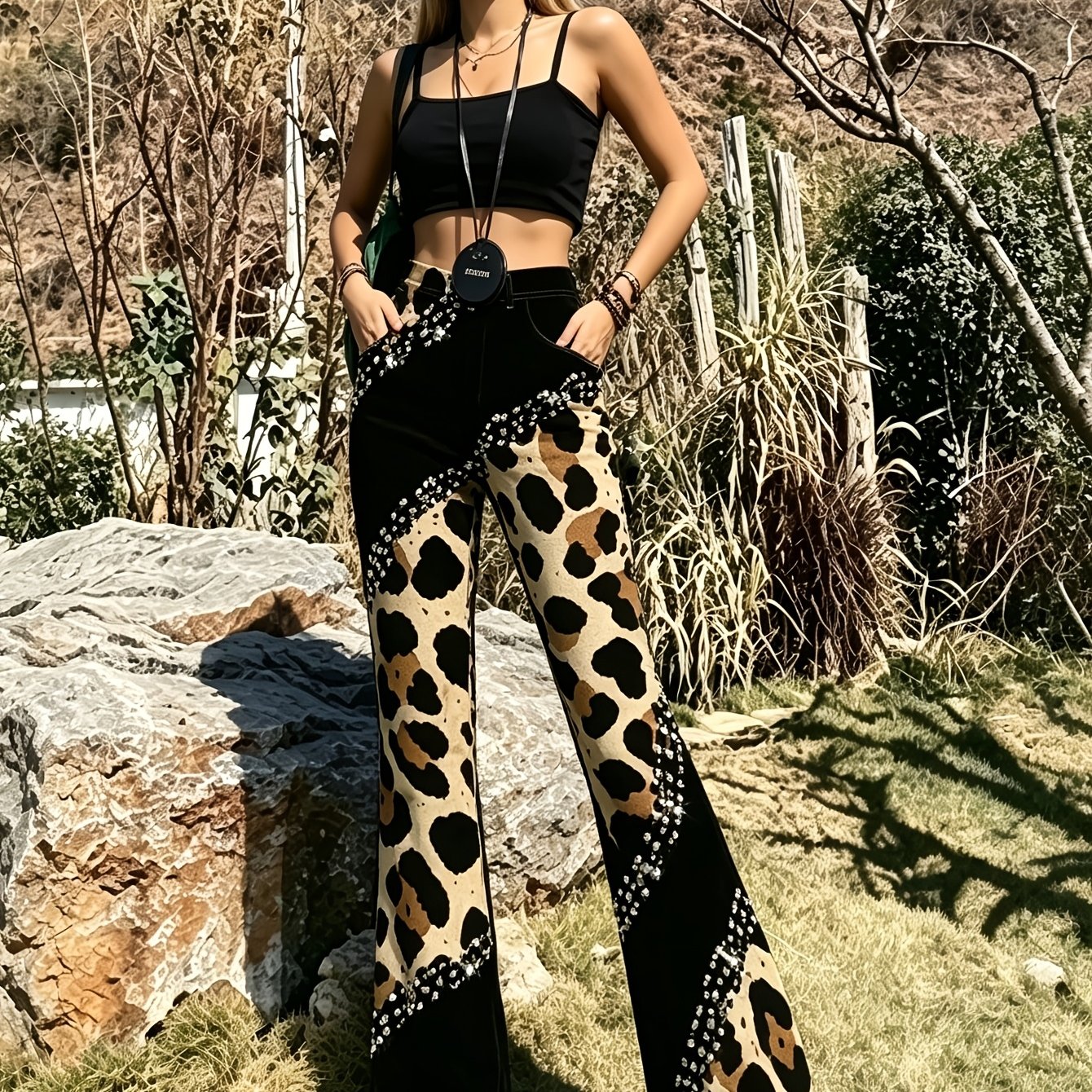 TEMU Pantalon Femme Rétro Évasé à Imprimé Léopard Sauvage, Taille Haute , Coupe Ajustée, Extensible, Pattes d'Éphé, Pantalon Décontracté pour Sortie