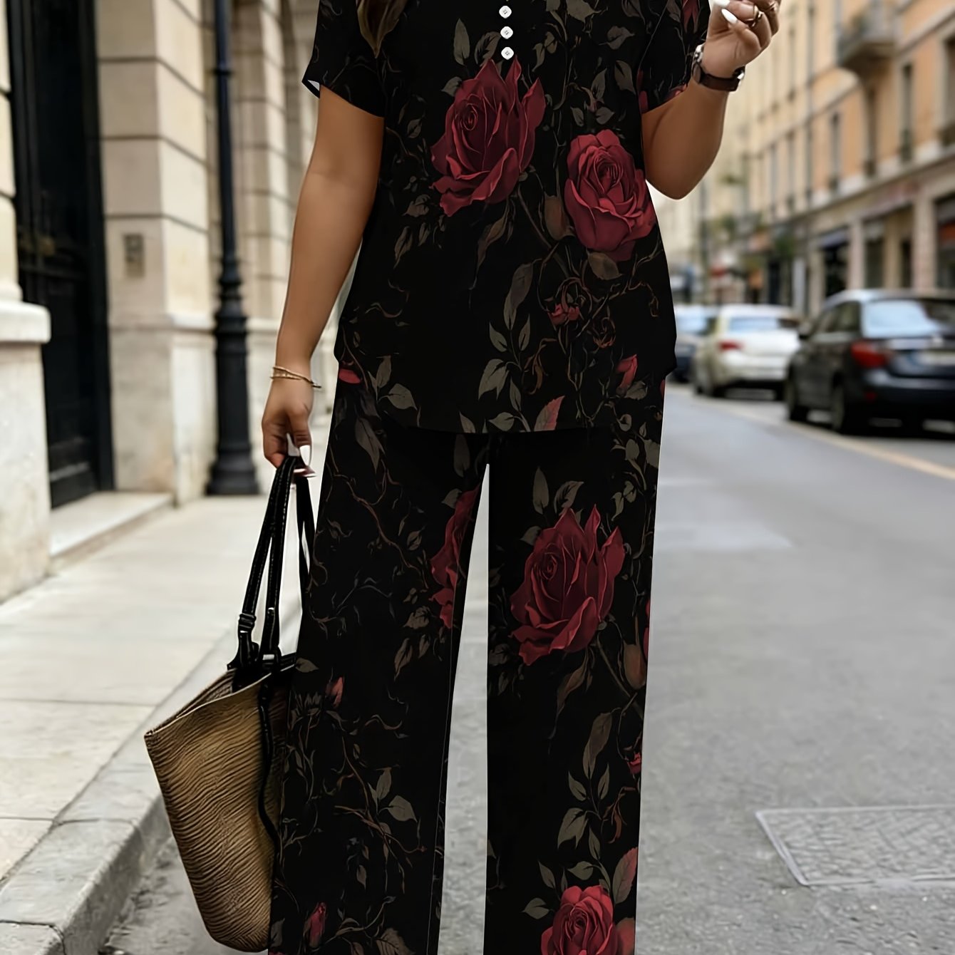 TEMU Women's Fashion 2pcs Set, Burgundy Retro Rose Print V-neck   Fake Button Short-sleeved With Wide-leg Pants, Suitable For Daily And Casual .
