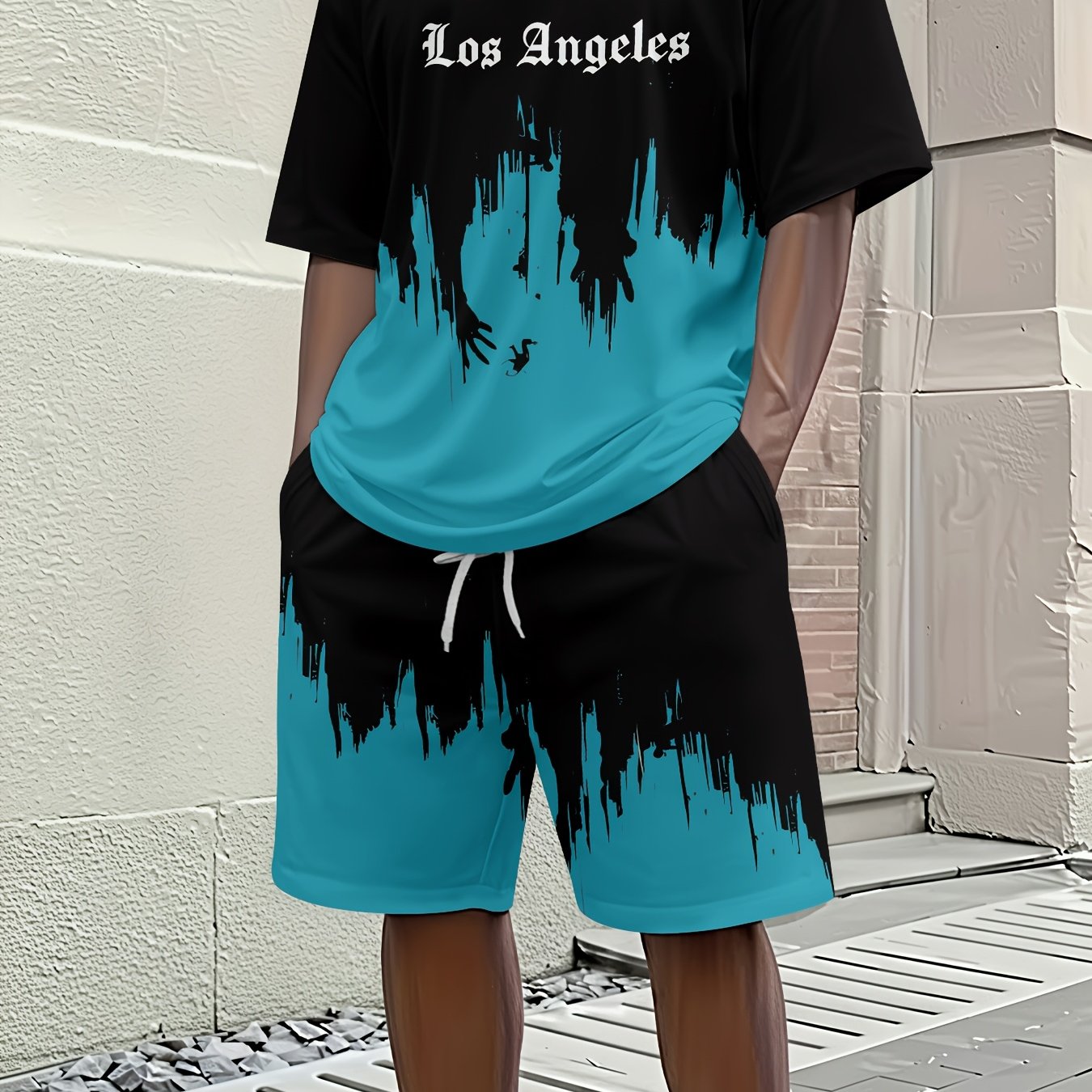 TEMU Men's Spring Summer Casual Vacation Short Sleeve Set, Los Angeles Splatter Gradient Print Trendy Fashion Style Short Sleeve Set, Beach Trendy