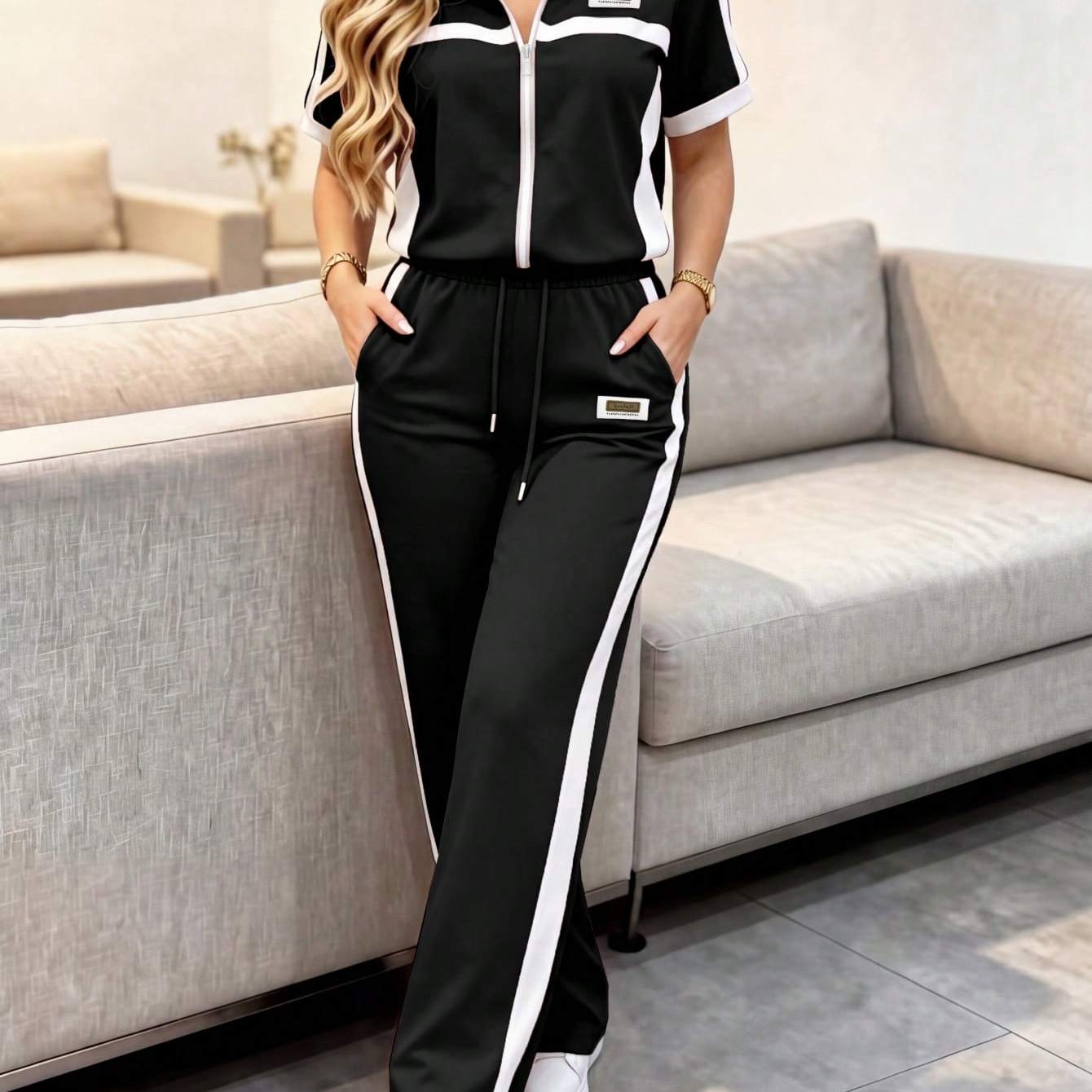 Image of Casual Women's Fashion Commuter Suit, Loose Splice Contrast Color Short Sleeve Jacket Top + Striped Contrast Color Straight Leg Pants 2 Elegant