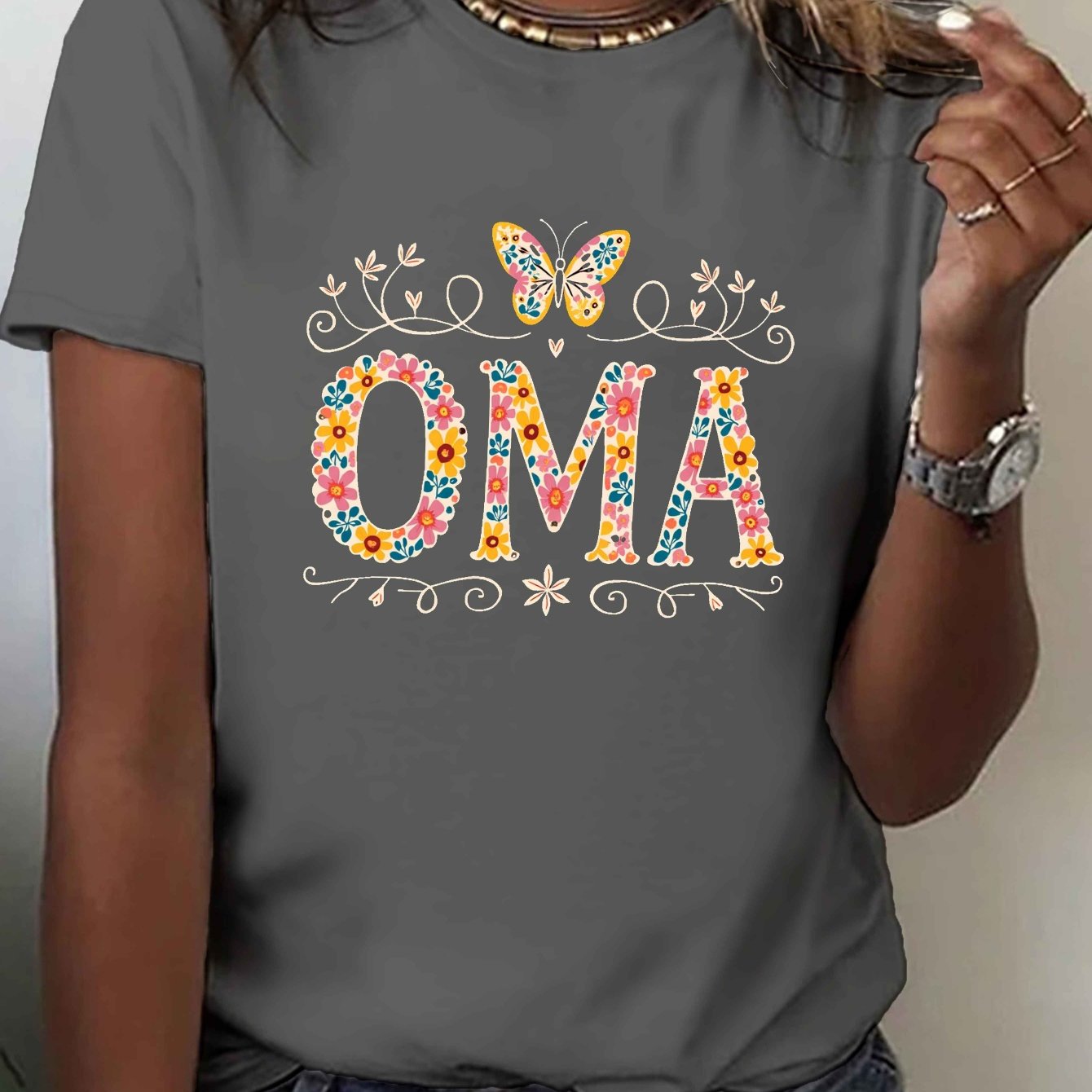 TEMU Women's Oma Floral & Geometric Print T-shirt - Short Sleeve Crew Neck Casual Top With Design, Medium Stretch, Machine Washable, Fit, Ladies T