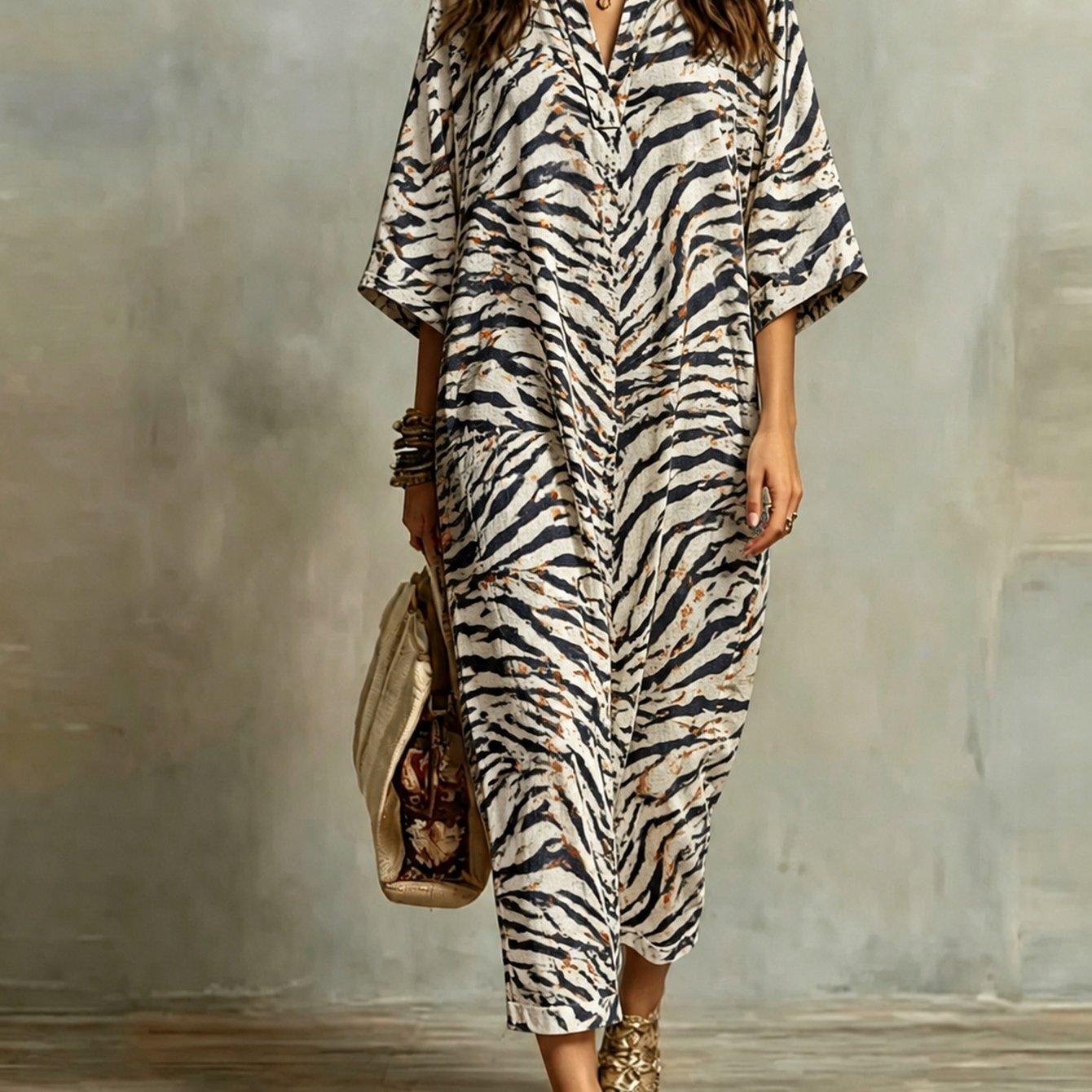 Plus Size - Vintage Distressed Brown Zebra Print Lapel -sleeve Loose Maxi Dress, -friendly Wild Seaside Vacation Long Dress Perfect Gift Pick