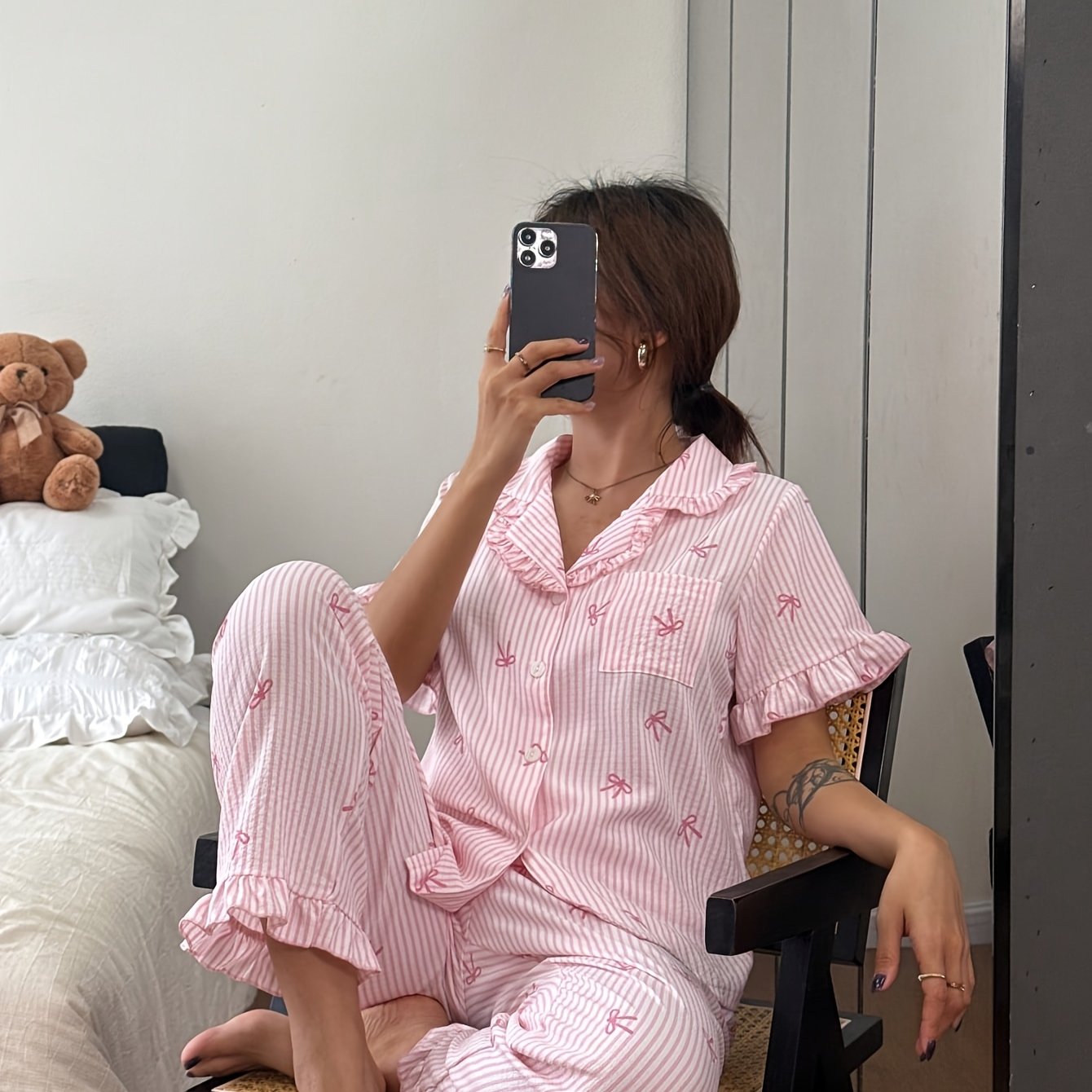 TEMU Summer Ruffle Trim Striped Bow Pajama Set, Patterned Collared Short-sleeve Top And Long Pants, Lightweight Loungewear