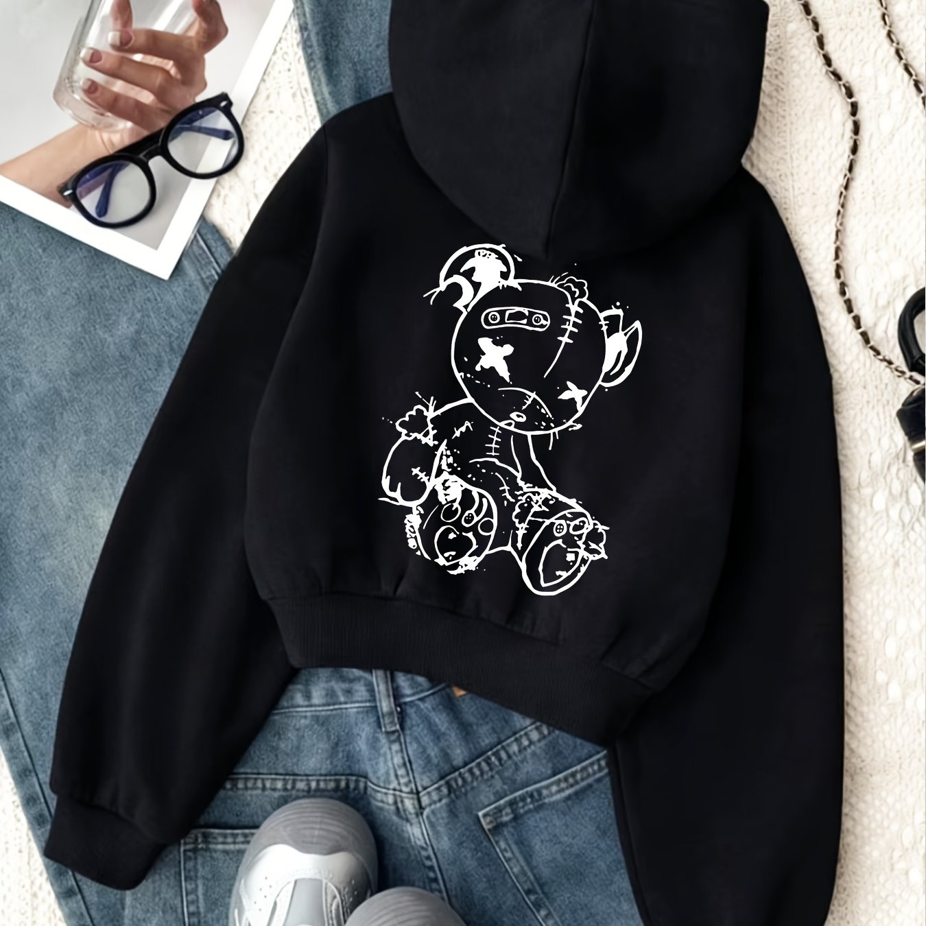 TEMU European And Trendy Little Bear Pattern Print, Autumn/winter Short Zip-up Hooded Sweatshirt, Suitable For Daily Work Commutes And S