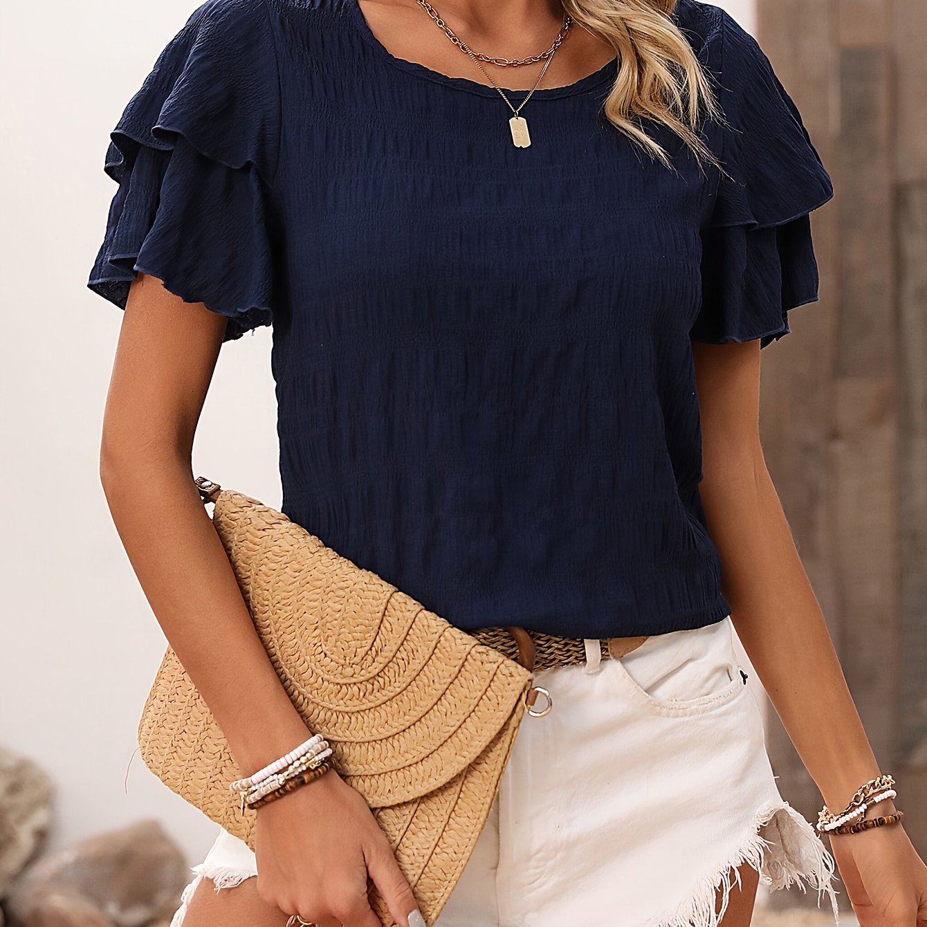 TEMU Textured Crew Neck , Layered Ruffle For & Summer, Women's Clothing Wedding