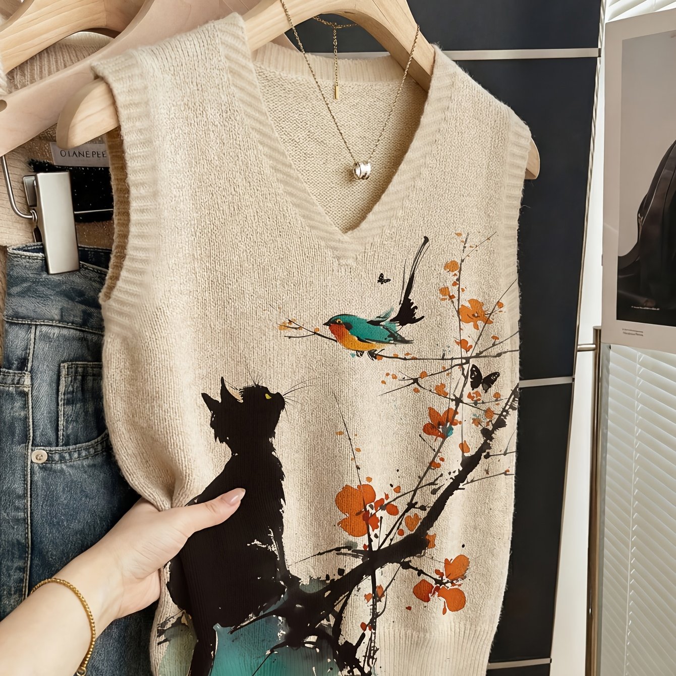 TEMU Débardeur pull manches imprimé intégralement pour femmes 2026, col en V, parfait pour un look tendance, avec et oiseaux en style d'encre ultra-,