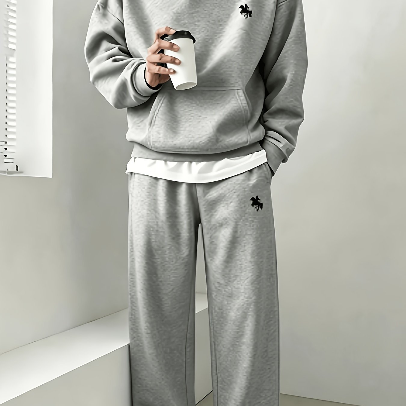 TEMU Gray Horse Print Loose Casual Gray Warm Lined Hoodie And Sweatpants Sports Suit, Comfortable Outfit, Autumn And Winter Clothing