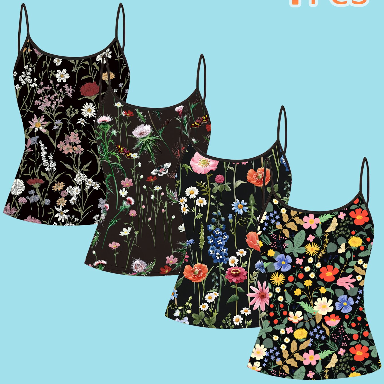 TEMU Set Of 4: Floral Print Top With Thin Straps, Featuring A Whimsical