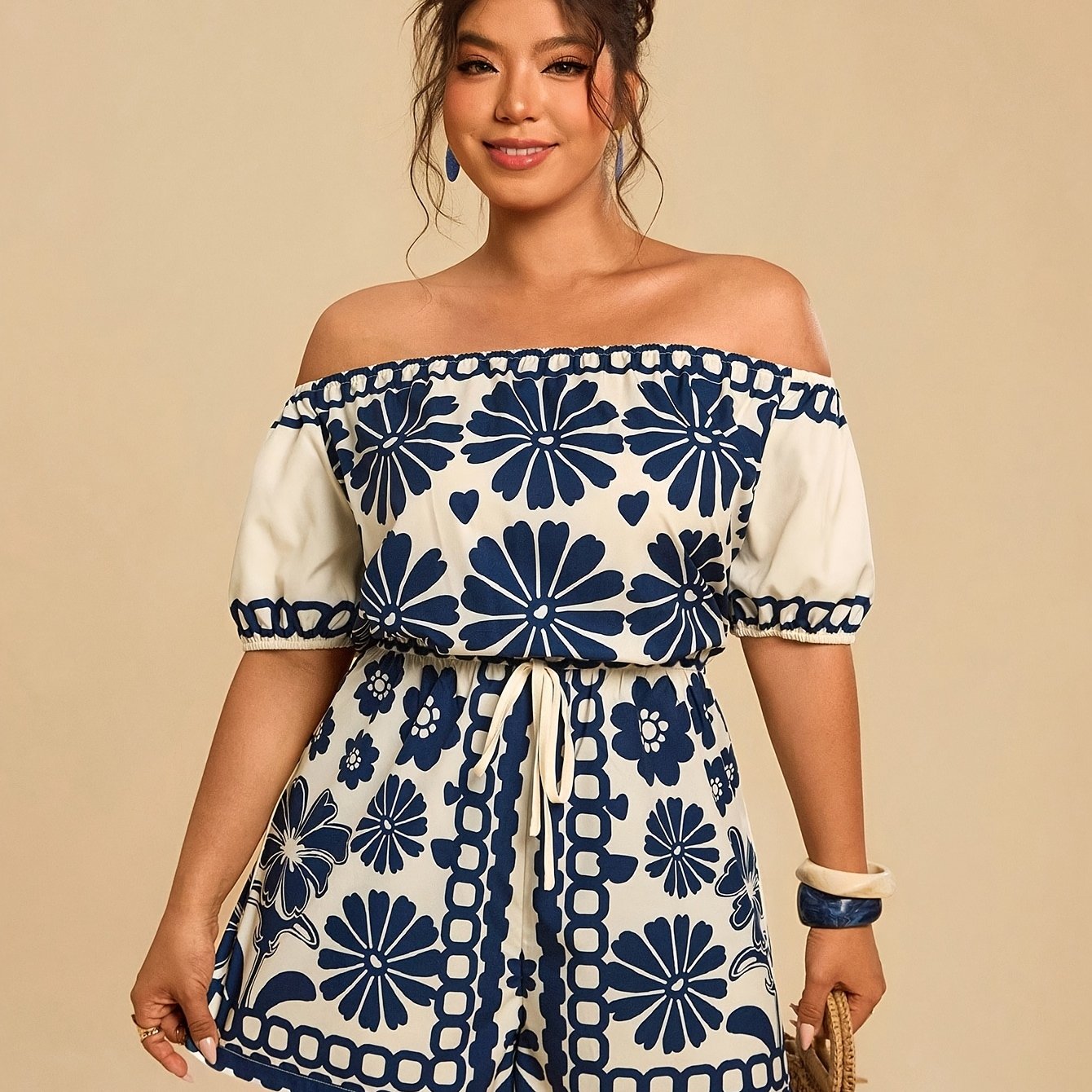 TEMU Plus Size, Plus Size Summer Women's Jumpsuit, Lightweight Short Off-shoulder Floral Print Puff Sleeve Loose-fit Short Romper, Casual Beach