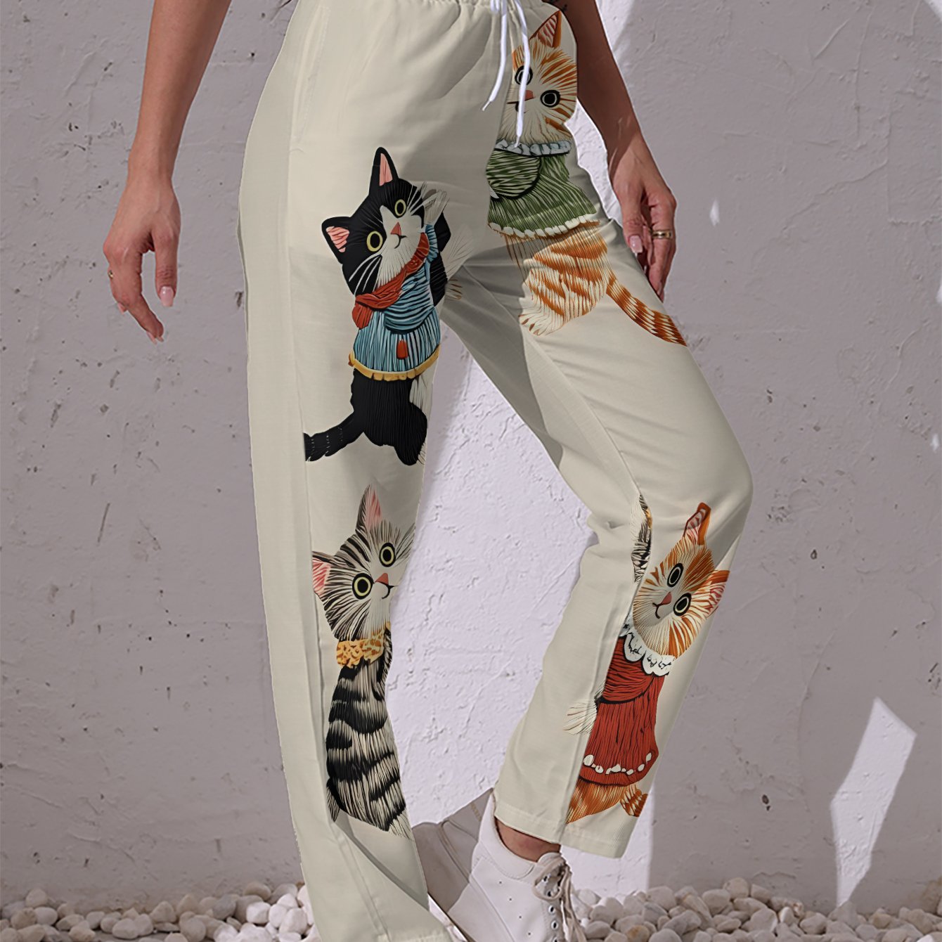 TEMU Women's Casual Pants With A And Print Of 4 Adorable Cats In Cute Outfits, Featuring A Drawstring