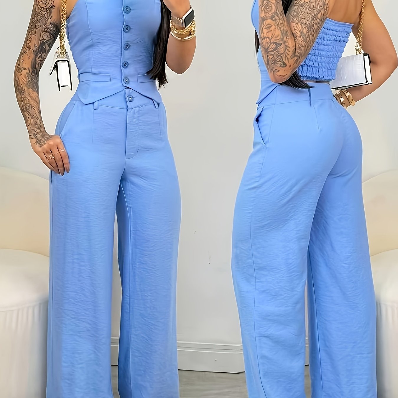 TEMU Set pezzi composto da top gilet con lacci e bottoni e pantaloni casual a larga, abbigliamento estivo, abbigliamento da donna, set