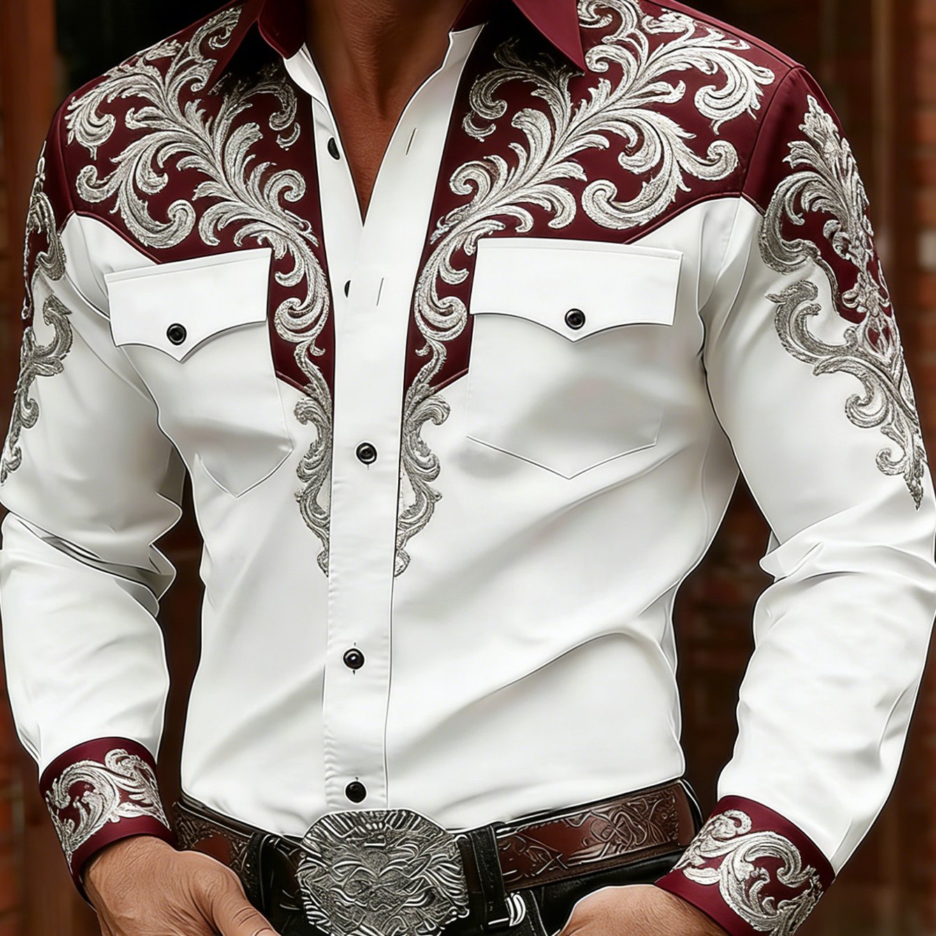 Men's Retro Western Print Shirt Long Sleeve With 2 Pockets Slim Suitable For Outdoor Camping Hiking Travel Wear Casual Inner Match Style With Cowboy Boots Denim Suitable For Party Daily Wear All-