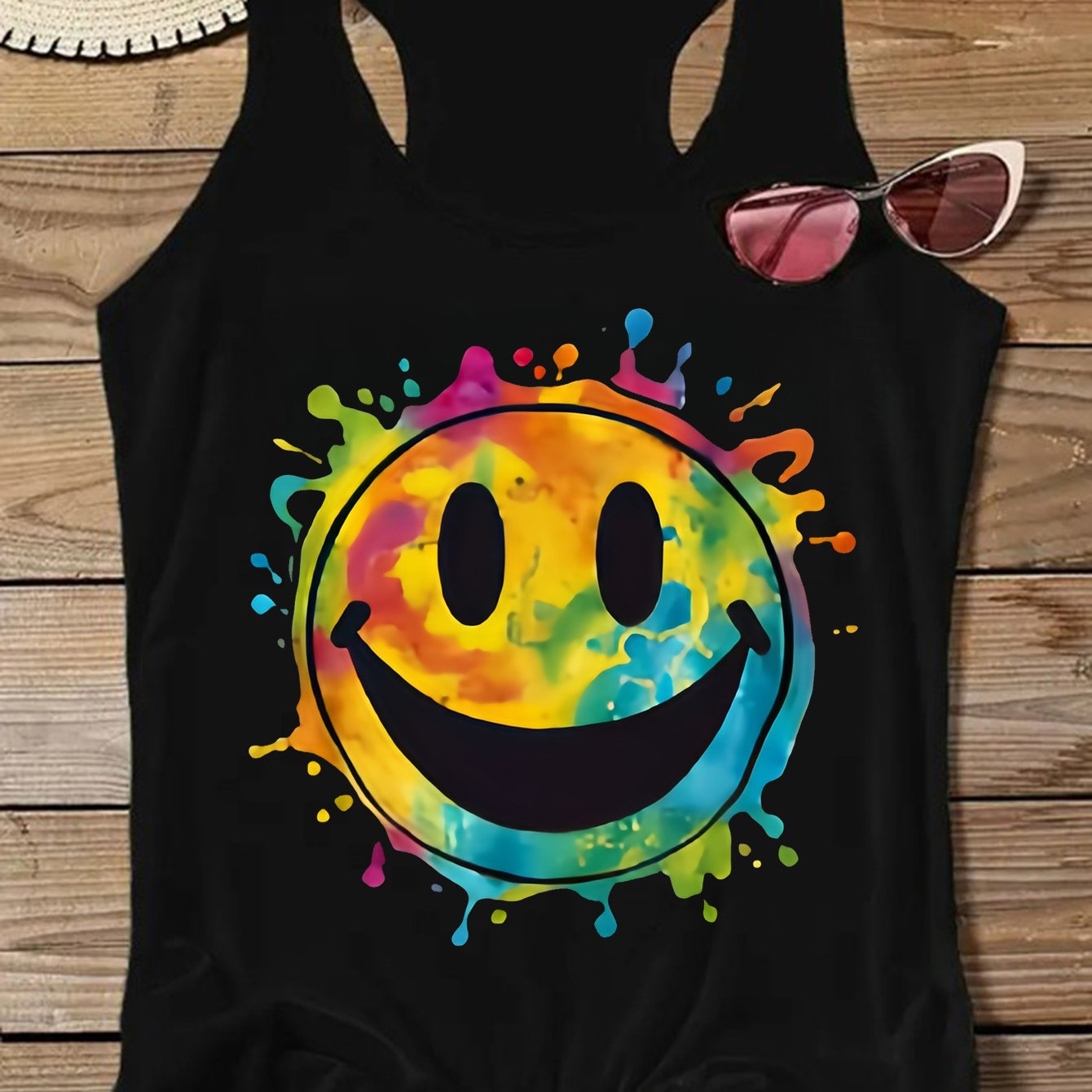 TEMU Camiseta sin con estampado de cara sonriente y salpicaduras de tinta coloridas, promoción de ropa de moda para mujer, top de para mujer, chaleco