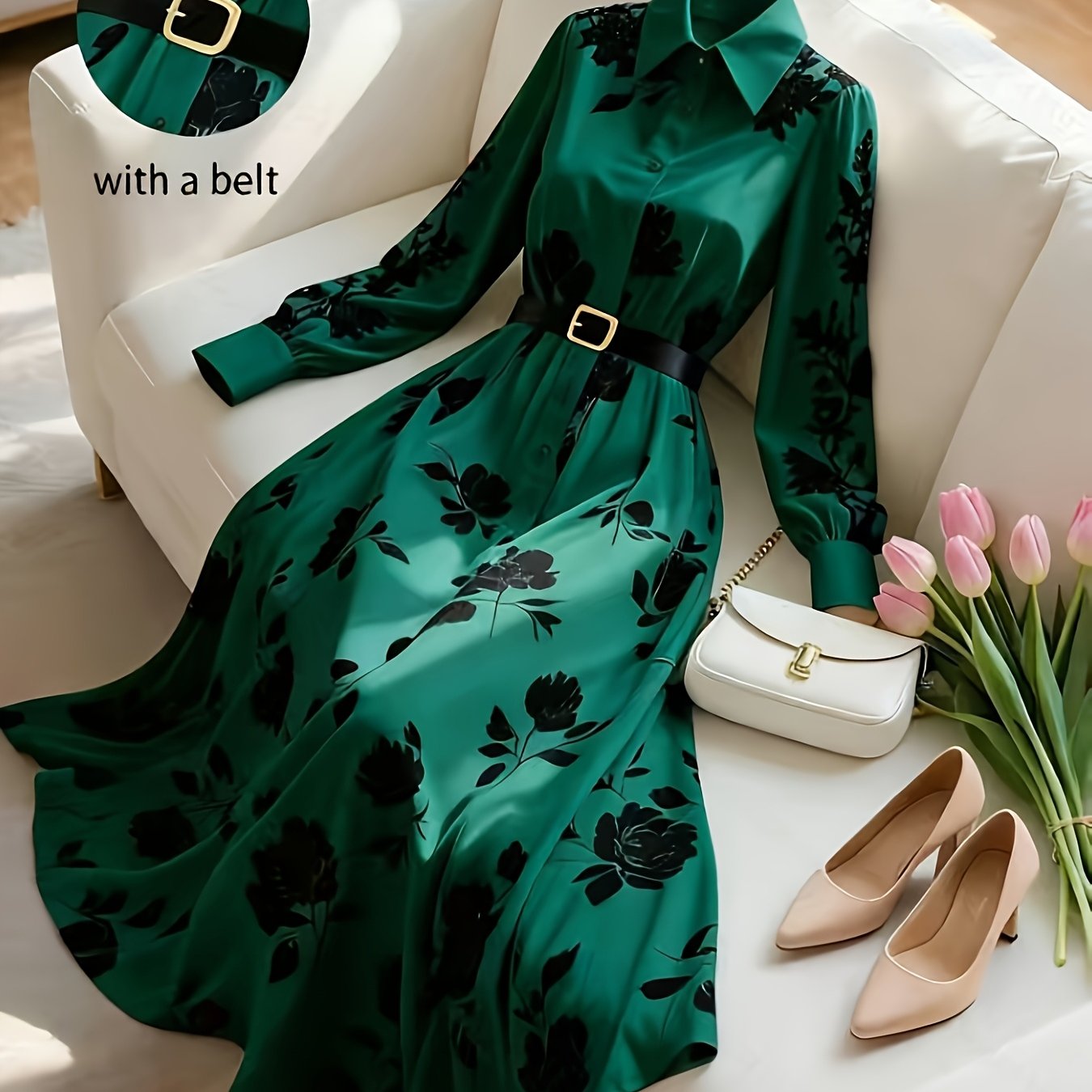 E-shop Frühlings-/Herbstliches neues französisches Retro-Blumenmuster, elegantes langes Kleid mit Gürtel, Damen-Pendler- und Urlaubskleidung