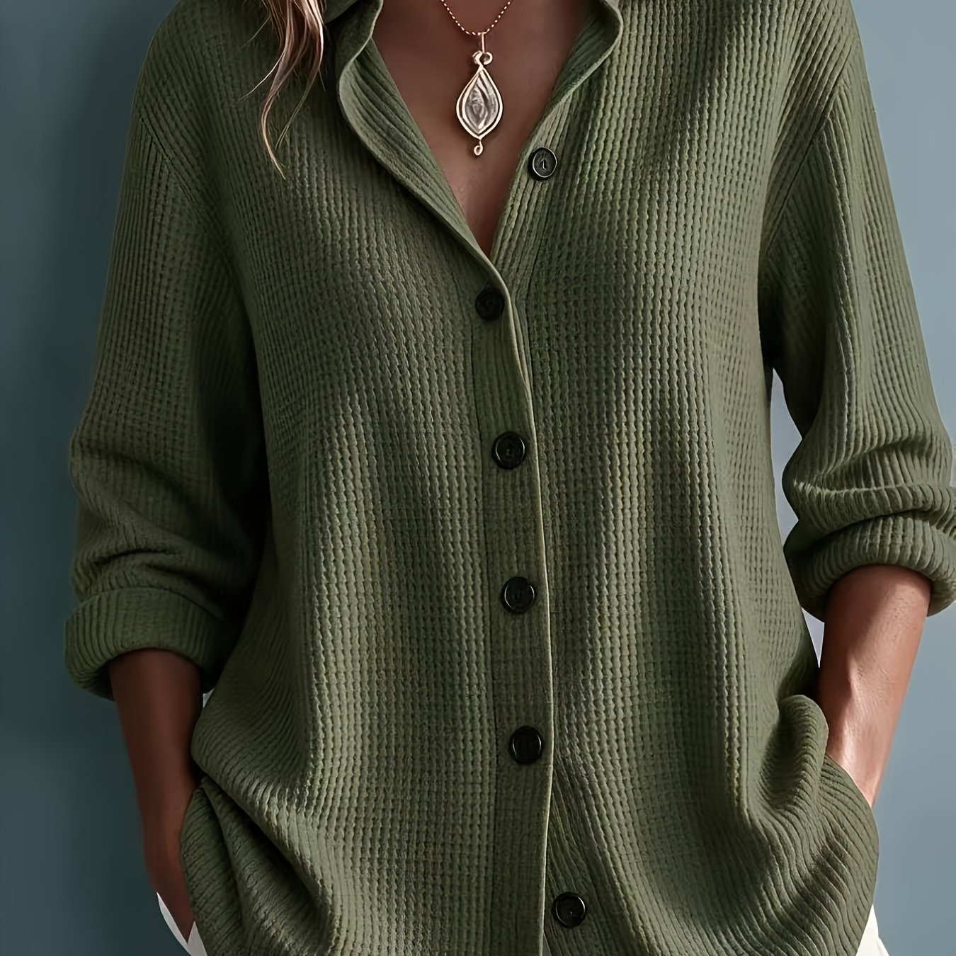 TEMU Plus Size - Western Autumn Winter Solid Color Lapel Long Sleeve Top