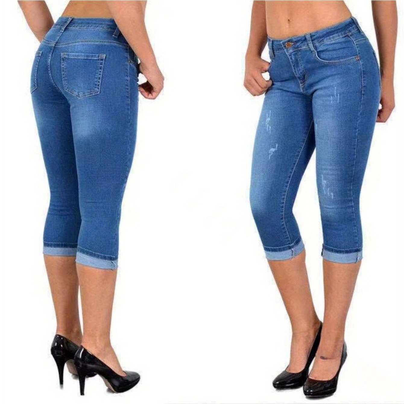 Women's Plus Size Stretch Slim Capri Jeans - Slim Fit Short Length With Elastic Waistband, Street Style Summer Casual Solid Color, Machine Washable, Comfortable And Fashionable, Durable Fabric