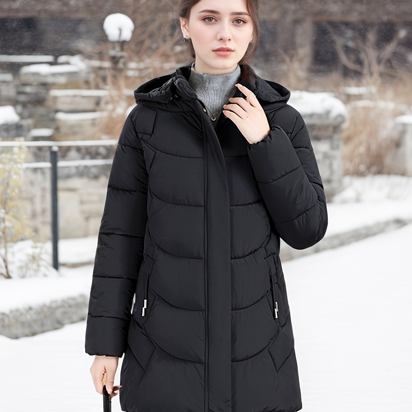 TEMU Chaqueta acolchada larga de mujer para otoño/invierno con capucha desmontable, regalo de Navidad, chaqueta de regalo a y elegante, de abrigo