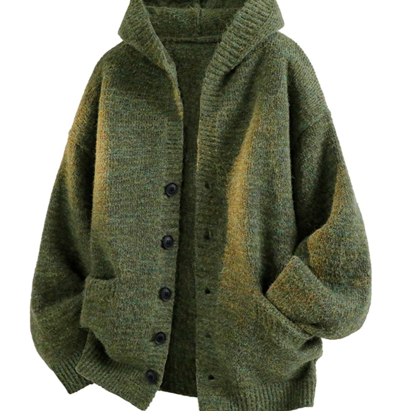 TEMU Fashion Men' Color Hooded Knit Cardigan, Button Front Sweater Coat, Loose-fit Long Sleeve Design, Handy Side Pockets, Soft Warm Casual Knit For
