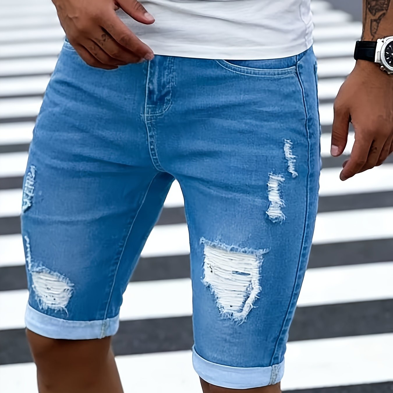 Image of Men's Casual Daily Trendy Vintage Ripped Street Stretch Denim Shorts
