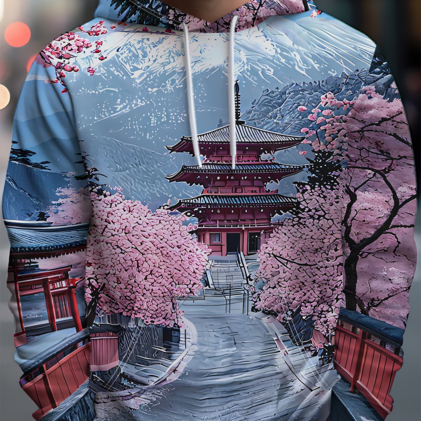 TEMU Men's Hooded Sweatshirt With Chinese-style Cherry And Print, Loose-fit Pullover, Casual Sportswear With Drawstring, Polyester Fiber Long-sleeve