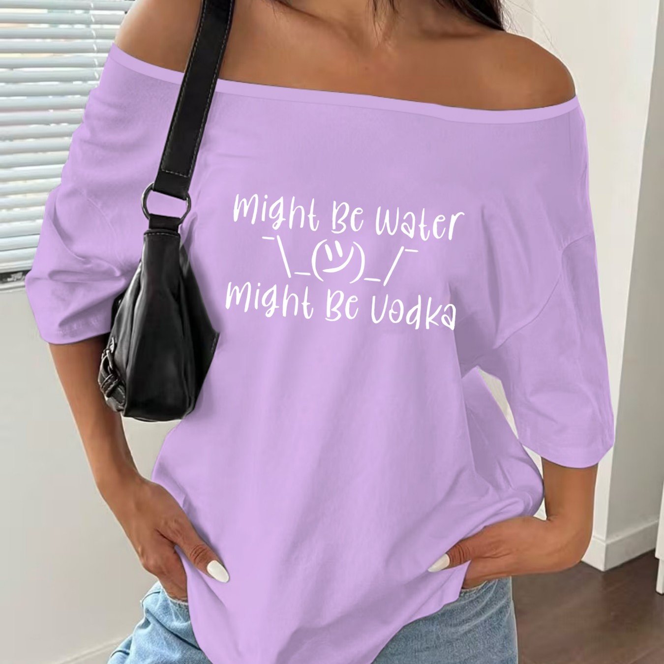 TEMU Fashionable And Casual Women's Off-shoulder Top With Unique Text Print, Short Sleeves, Breathable For Commuting, , And Workouts, Perfect For