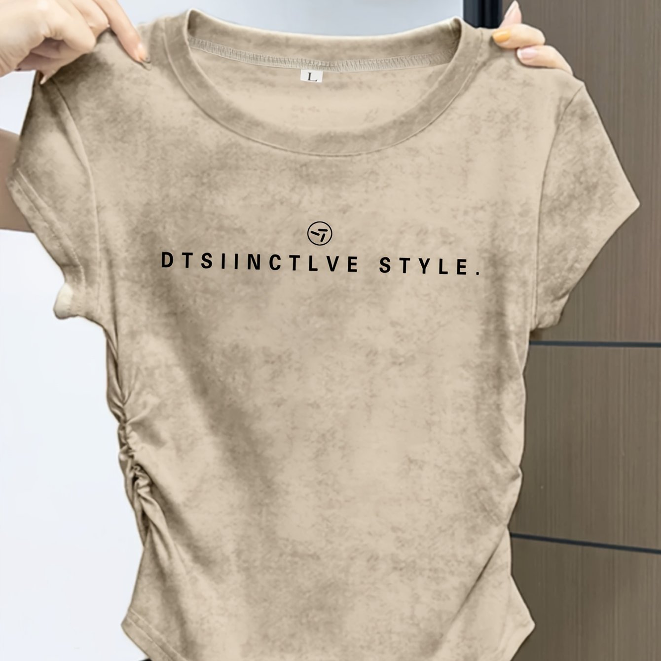 Image of Women's Short Sleeve T-shirt, Pleated Tie-dye Plain Top, Regular Shoulder, Short Sleeve Summer Top, Loose Fit, 2024 New Style #t76