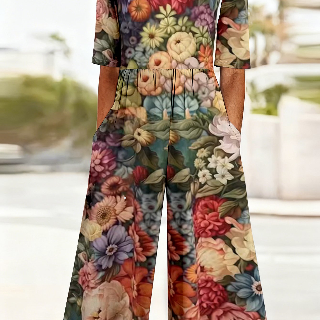 Plus Size - Plus Size - A New Floral Print Jumpsuit For Women In Plus Sizes, Featuring A V-neck And Half Sleeves With A Flattering , Wear, Shopping, Parties, And Vacations, Along With Wide-leg Pants