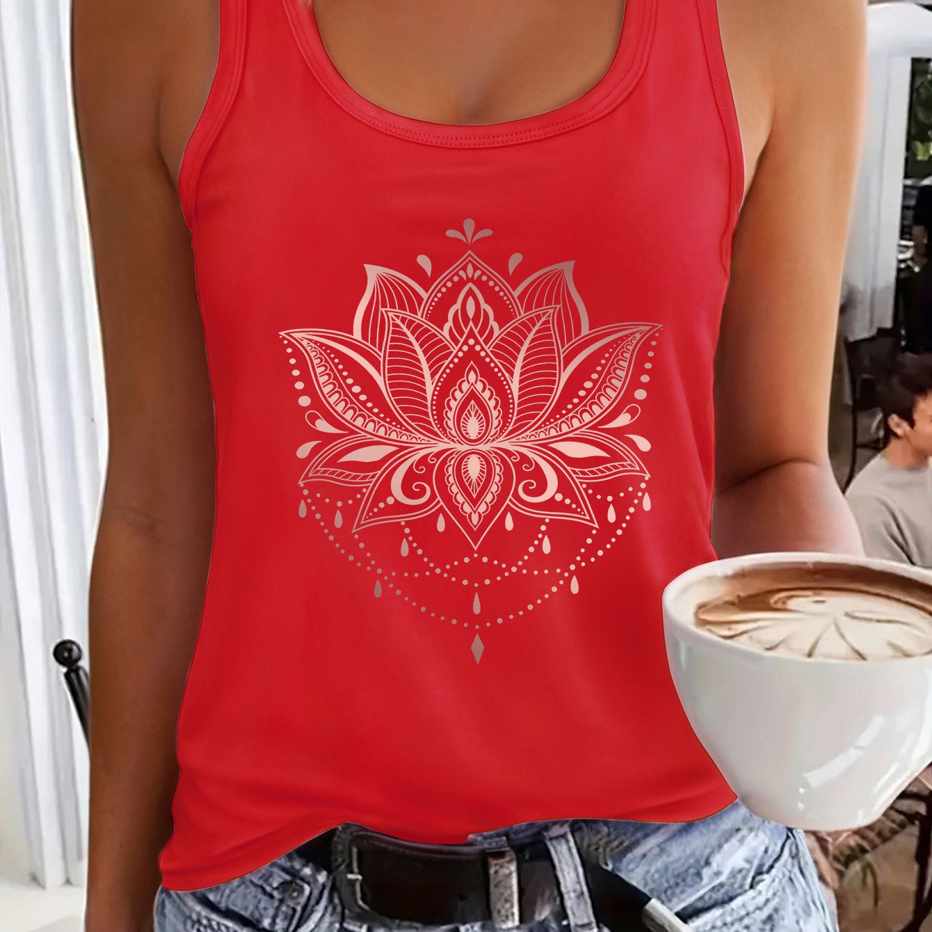 TEMU Stylisches Damen-Ärmelloses Tanktop mit Blumenmuster - Lebhaftes Oranges Mandala-Design, Lässiges & Bequemes Polyestergewebe, Perfekt für