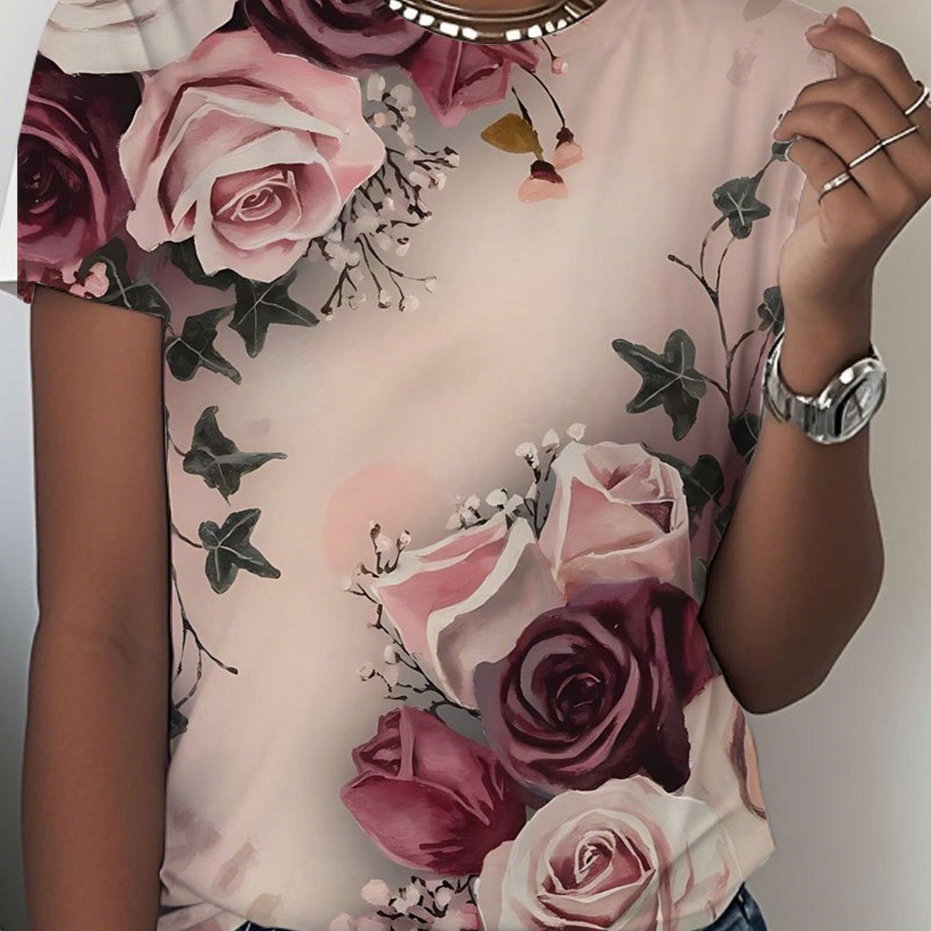 TEMU Women's Summer Casual Floral Print Crew Neck Blouse - Lightweight Polyester Top With Patterns, Machine Washable Elegant Special Collection For