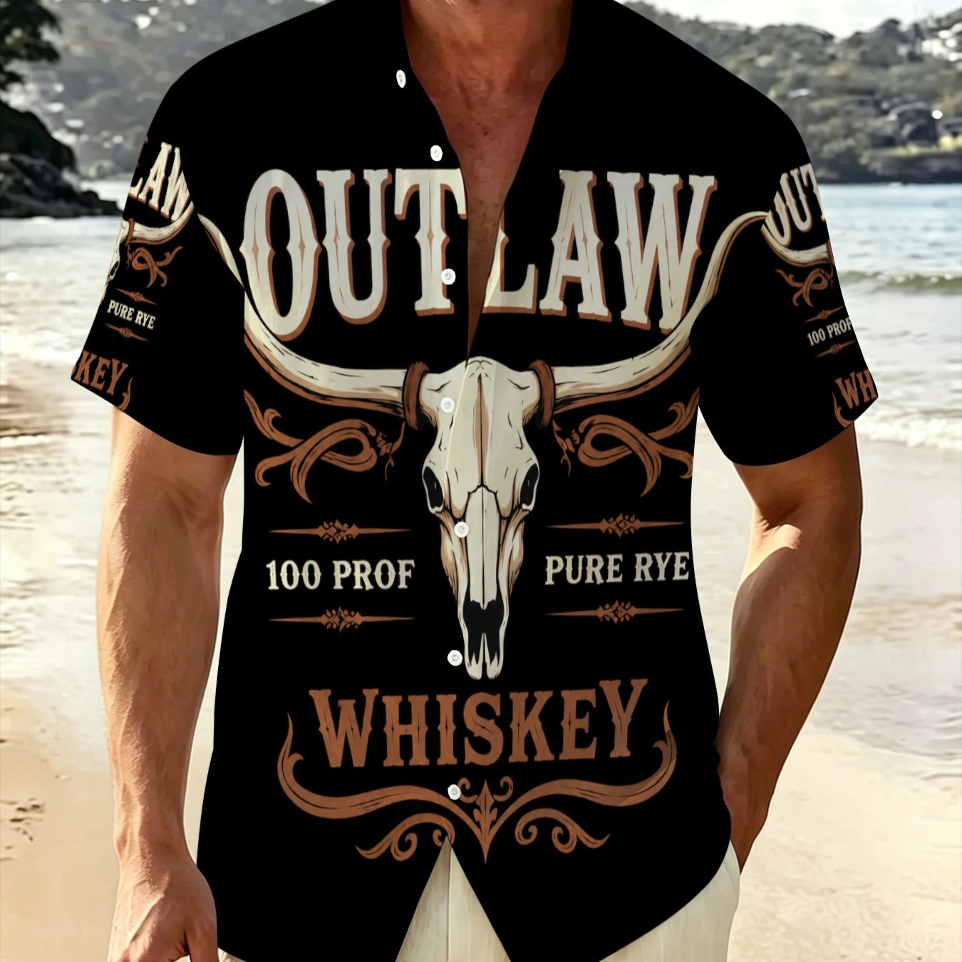 TEMU Men's Western Cowboy Skull Whiskey Print Plus Size Short Sleeve Shirt Casual Loose Turn Collar Vacation Top, Plus Size