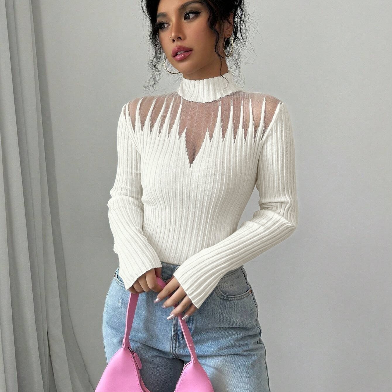 Image of New Women's Sexy And Elegant Fashion Base Layer Top, Short Cropped Fit, Long Sleeve, , Elegant Cut-out Mesh, Exquisite And Beautiful Designer Pullover