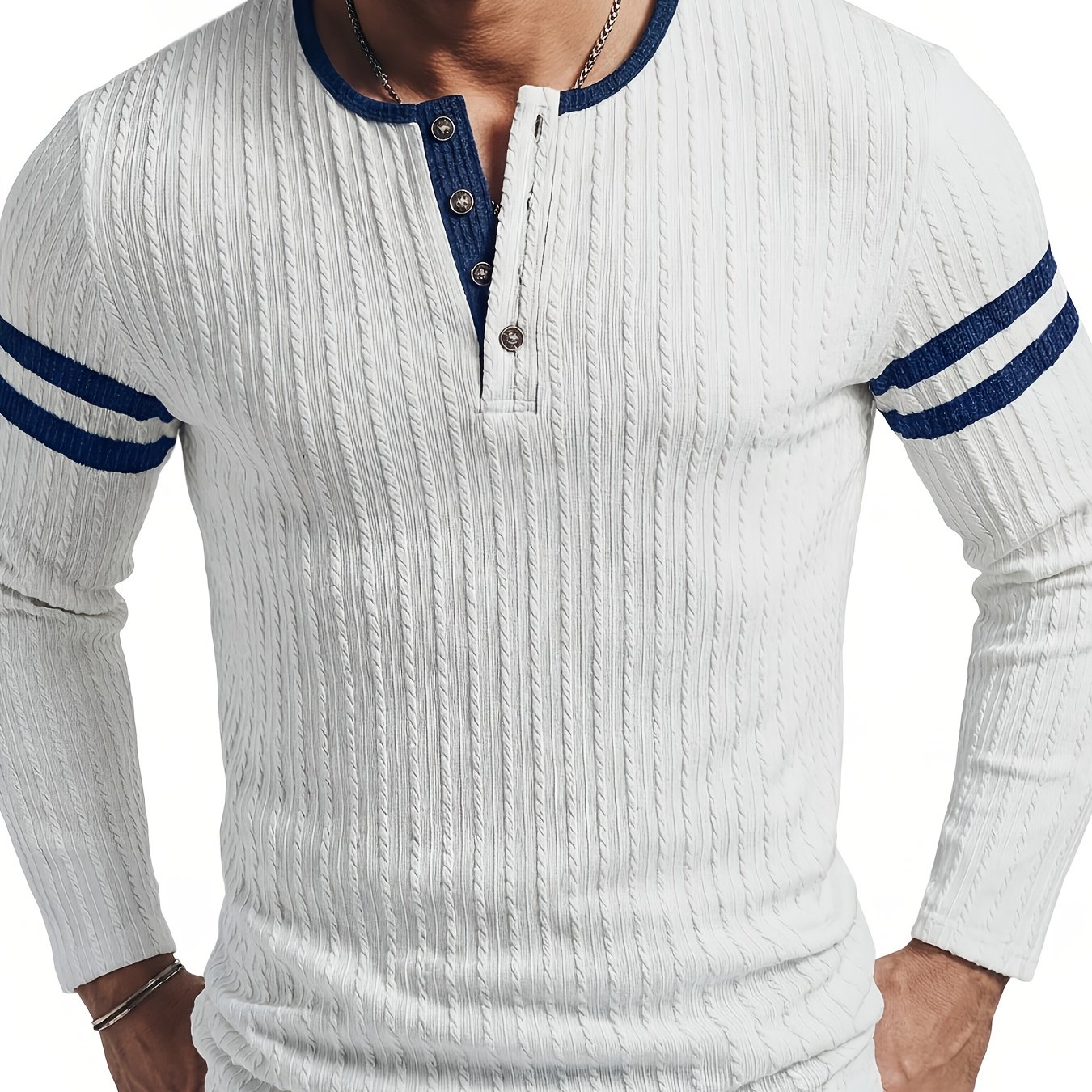 TEMU Men's Fashion Men's Clothing Top Men's Casual Base Layer Spring Autumn Casual Textured Jacquard Fabric Contrast Lapel Single-row Button Round