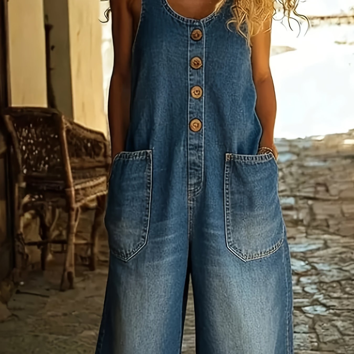 TEMU Womens Street Trendy Vintage Wide Leg Denim Overalls Sleeveless Pocket Jumpsuit Hem Loose Casual Versatile Denim Jumpsuit