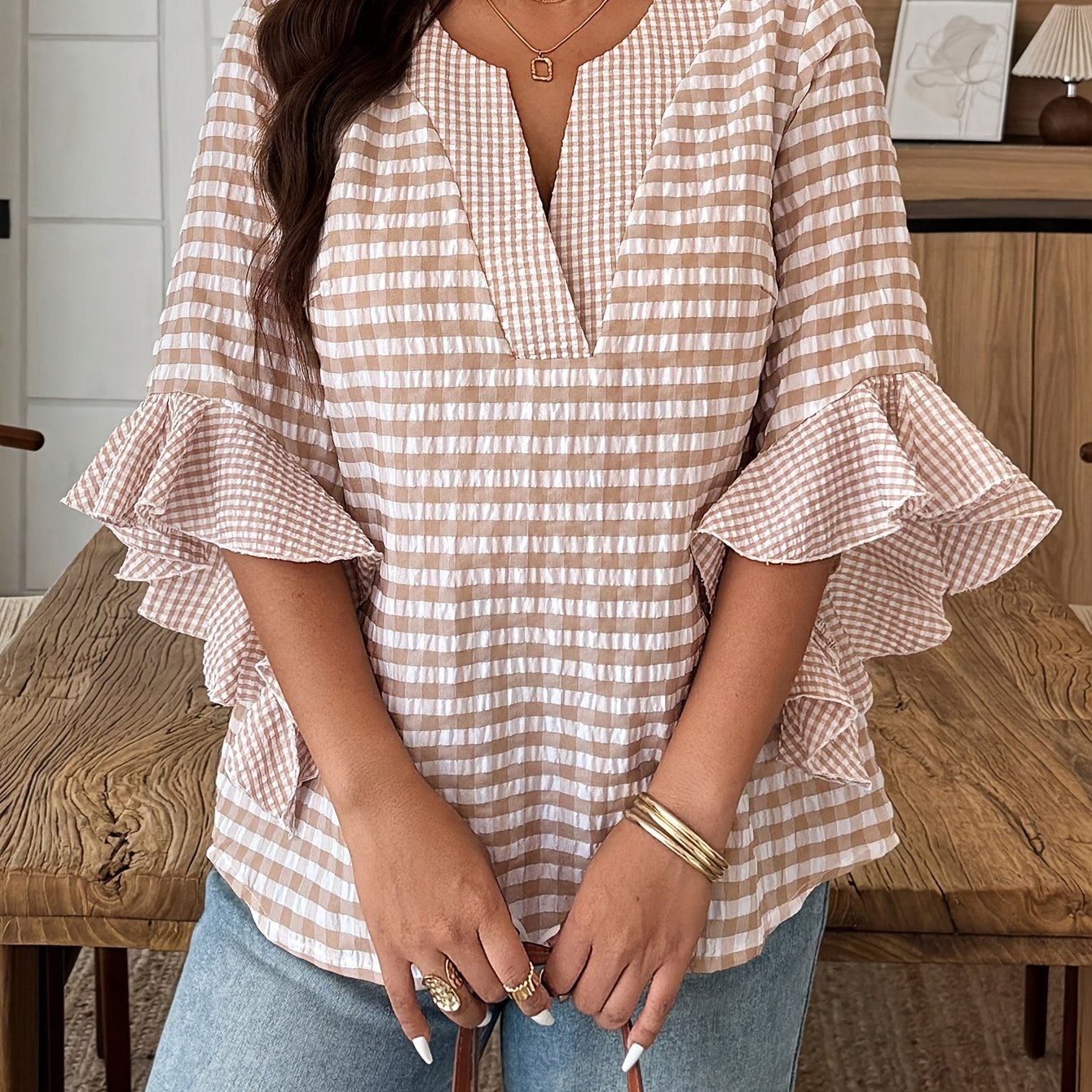 TEMU Plus Size Women's Shirt Top, Summer Checkered V-neck Contrast Short Sleeve Women's Blouse