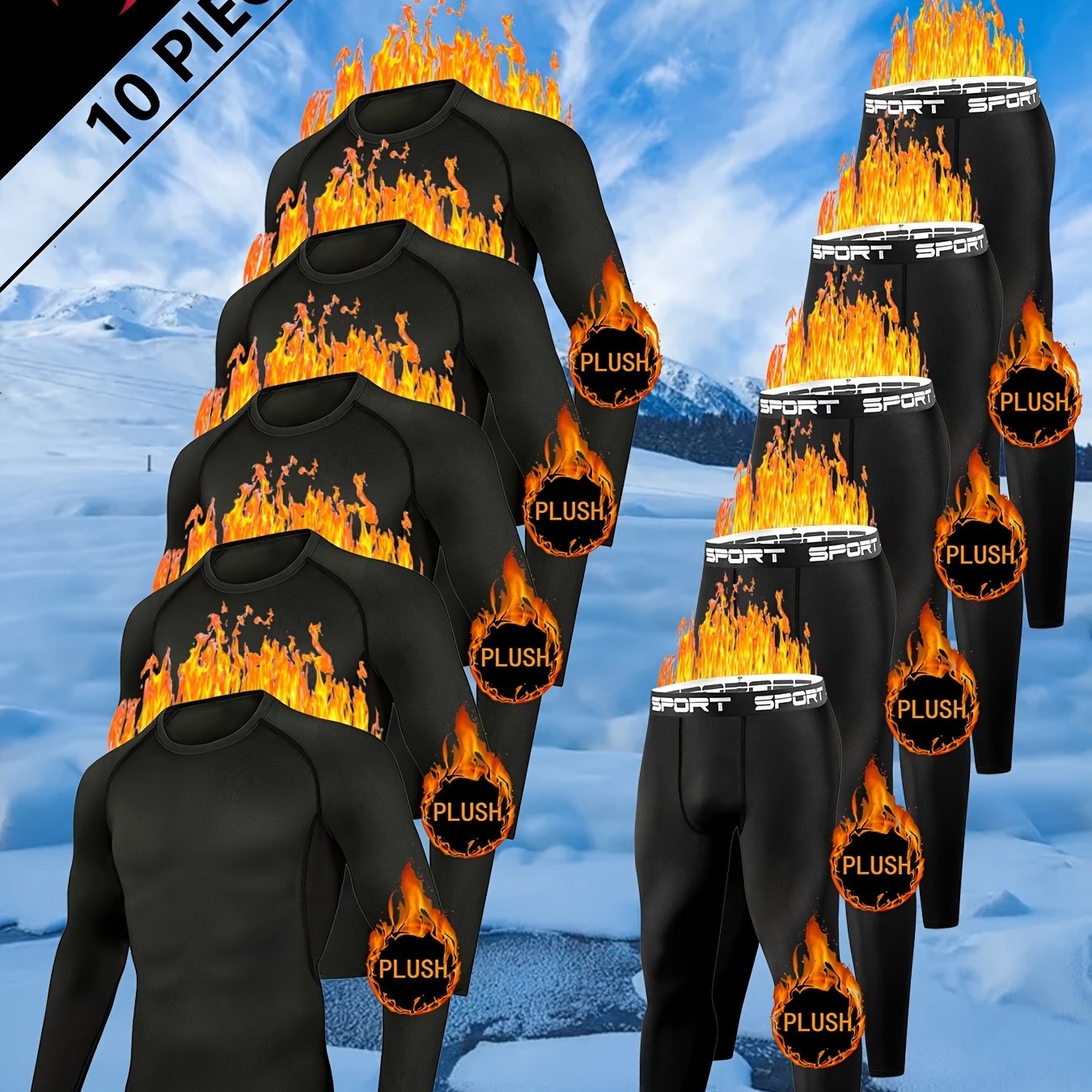 Image of 10pcs -lined Men's Warm Thermal Compression Quick-drying Training, Running, Basketball Sports Base Layers, Thick Outdoor Ski Tight Clothing, Winter Clothes For Men, Sporty Style, For Sports